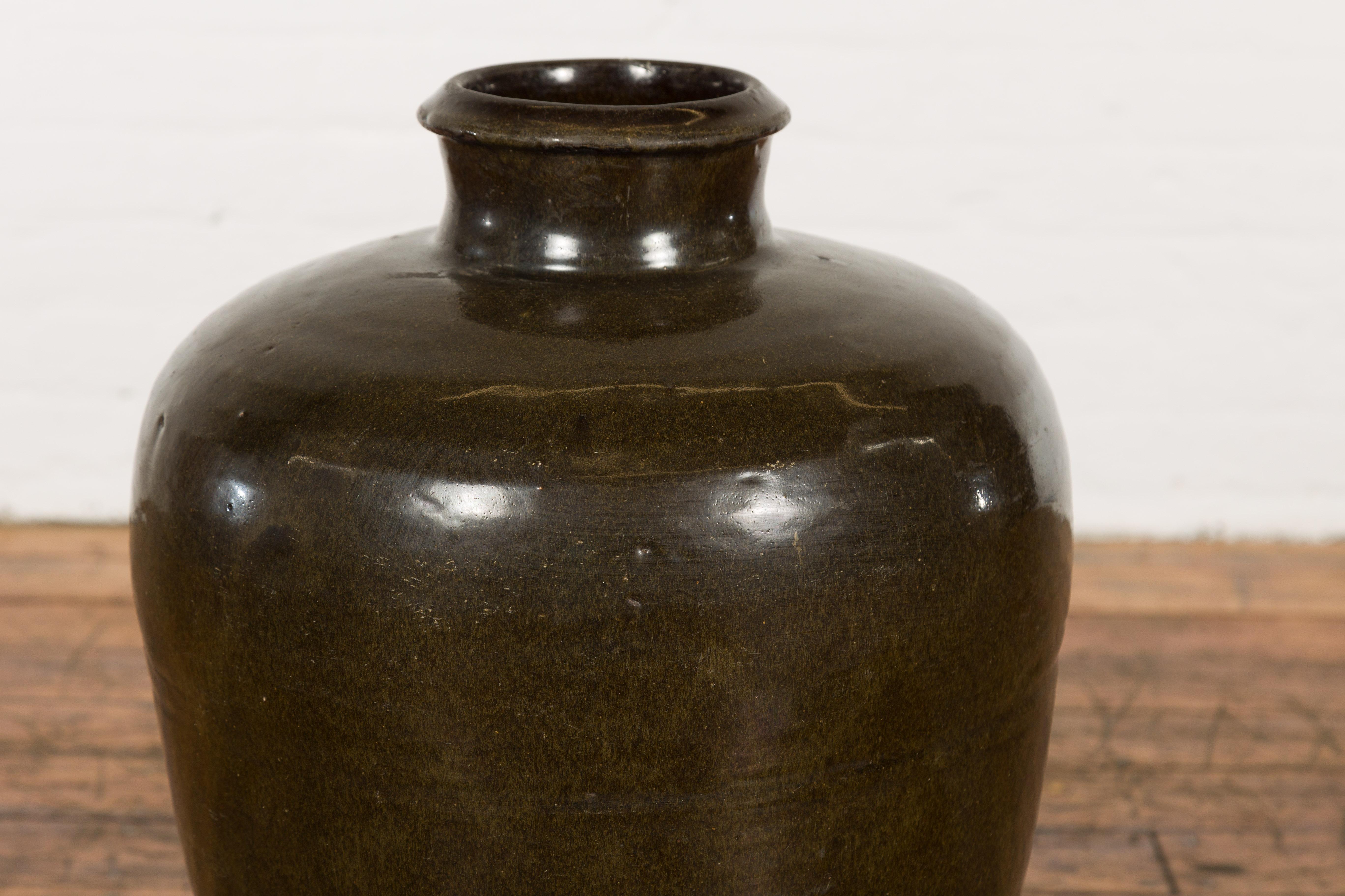 Vintage Dark Brownish Green Glazed Ceramic Storage Jar with Tapering Lines For Sale 1