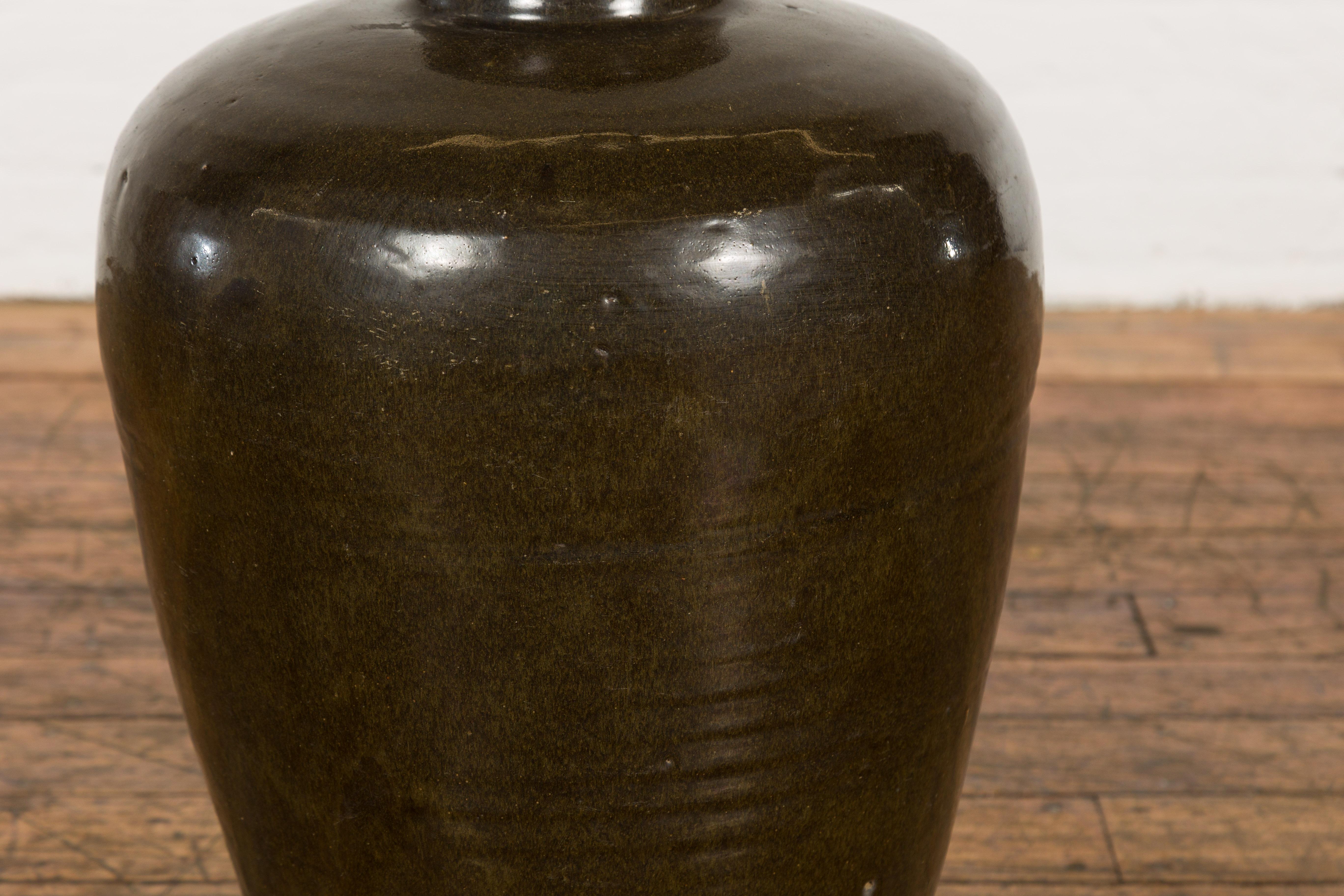 Vintage Dark Brownish Green Glazed Ceramic Storage Jar with Tapering Lines For Sale 2