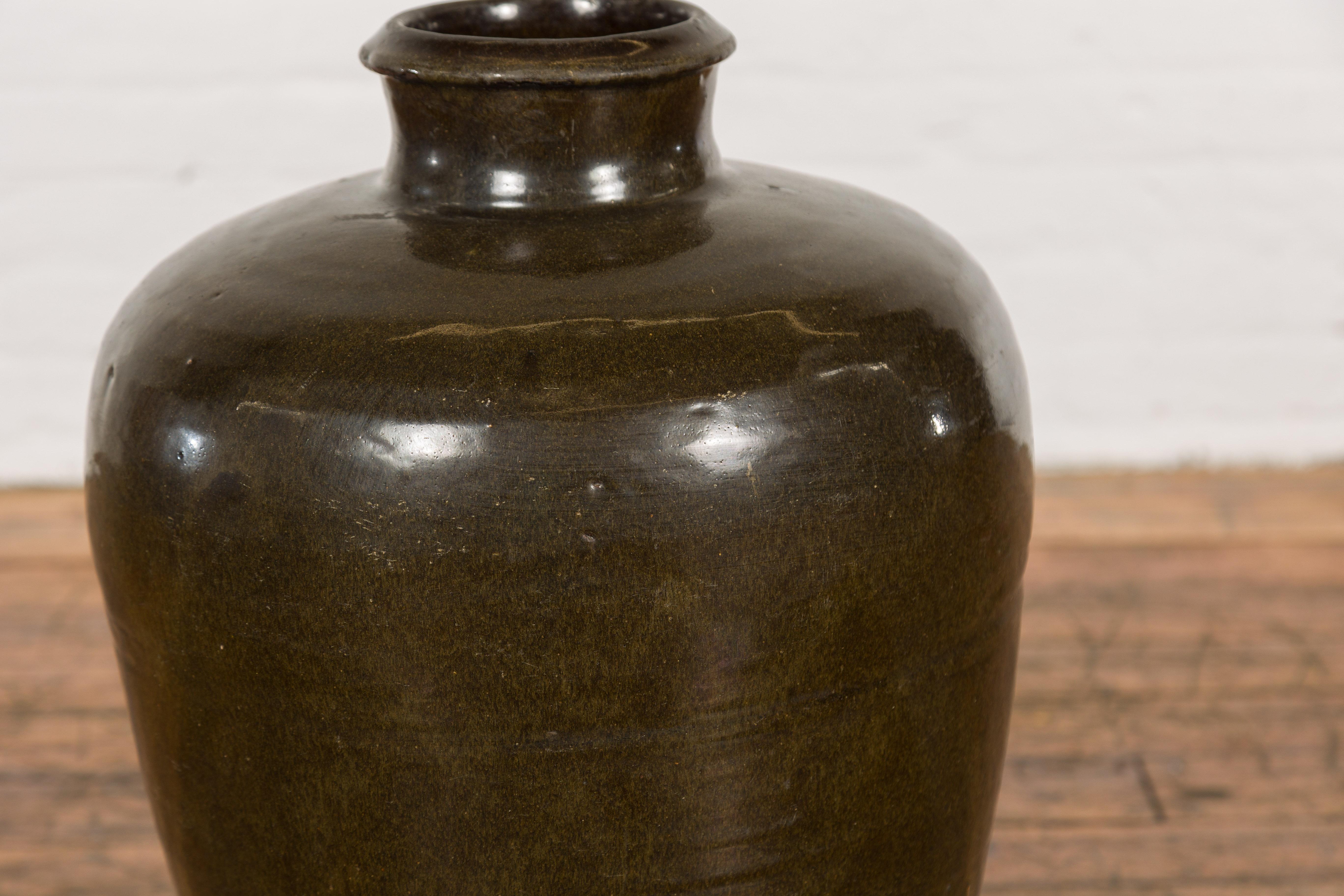 Vintage Dark Brownish Green Glazed Ceramic Storage Jar with Tapering Lines For Sale 3