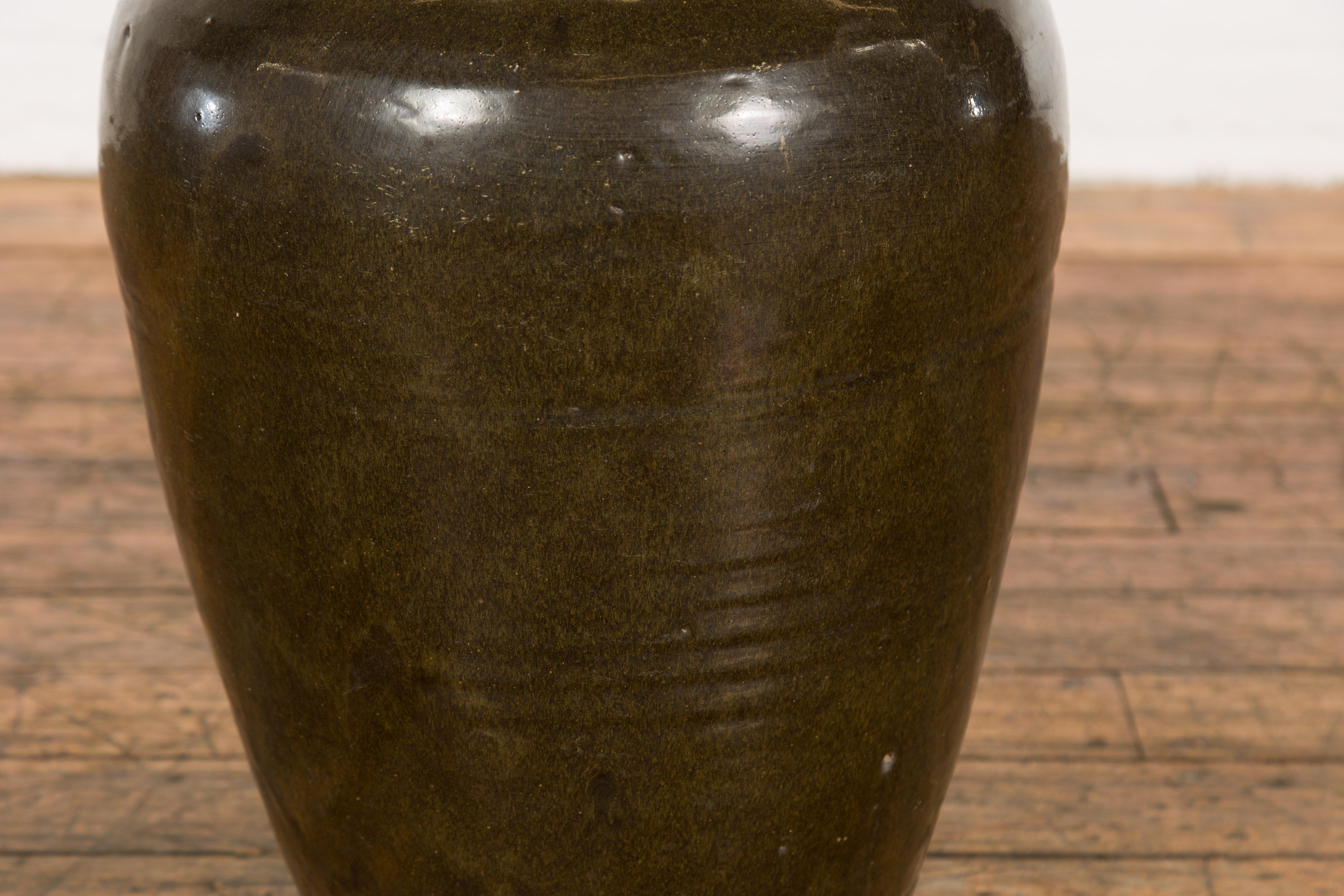 Vintage Dark Brownish Green Glazed Ceramic Storage Jar with Tapering Lines For Sale 4