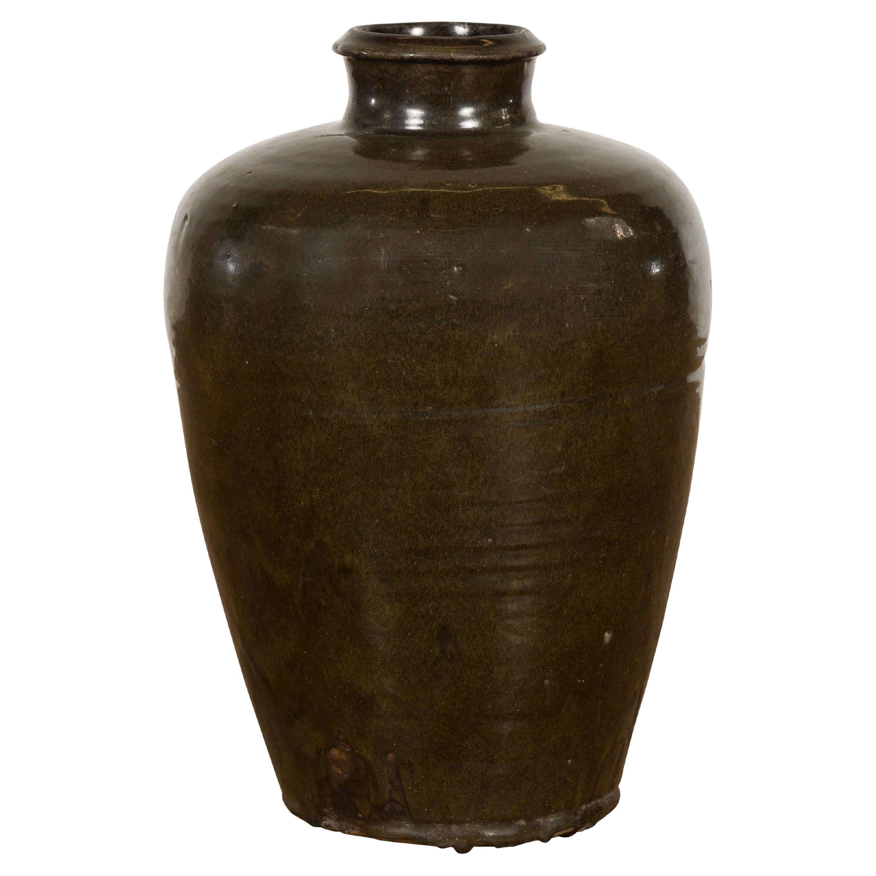 Vintage Dark Brownish Green Glazed Ceramic Storage Jar with Tapering Lines