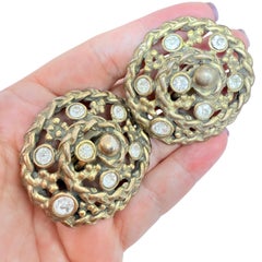 Vintage dark gold tone rhinestone massive designer 80's clip on earrings