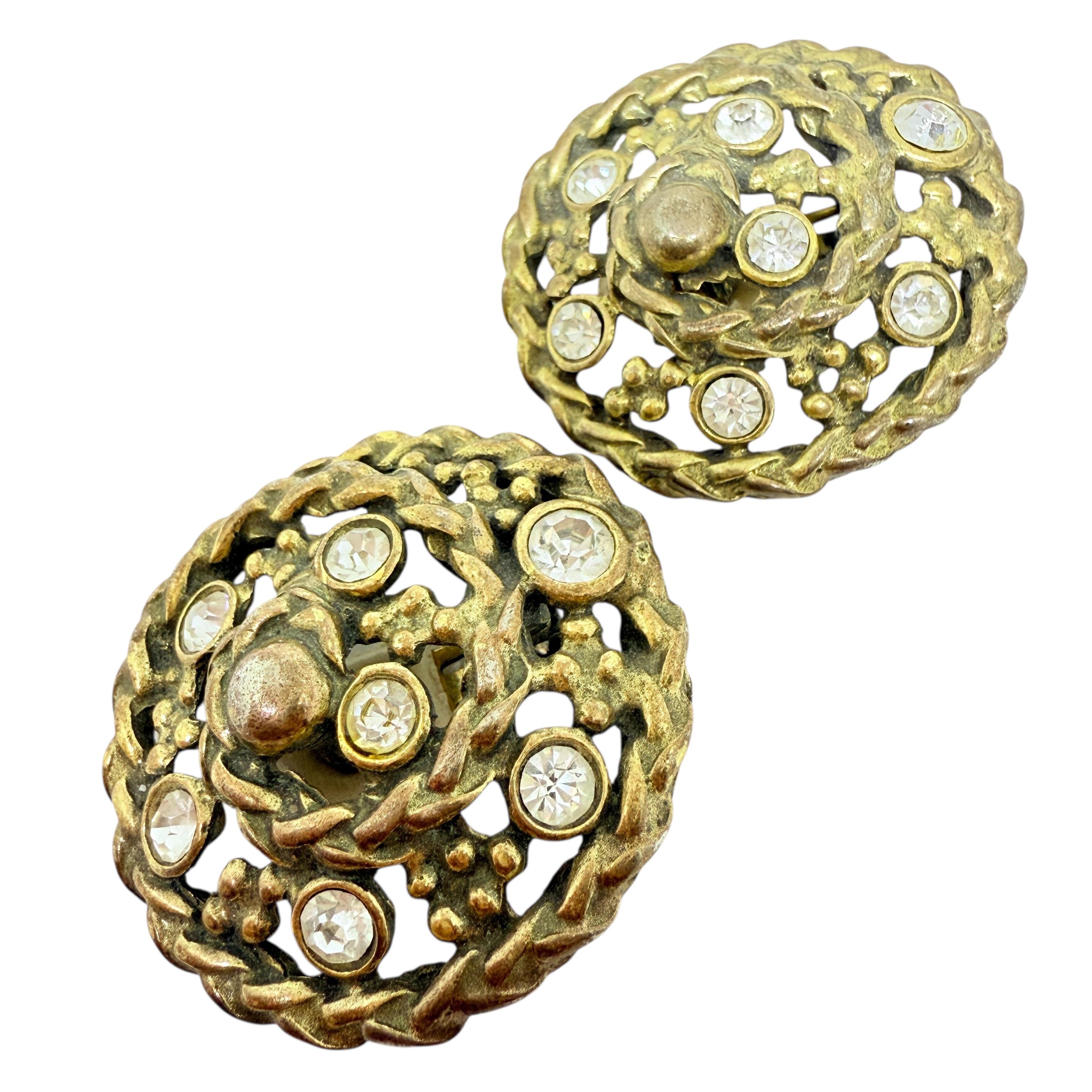 Women's or Men's Vintage dark gold tone rhinestone massive designer 80's clip on earrings For Sale