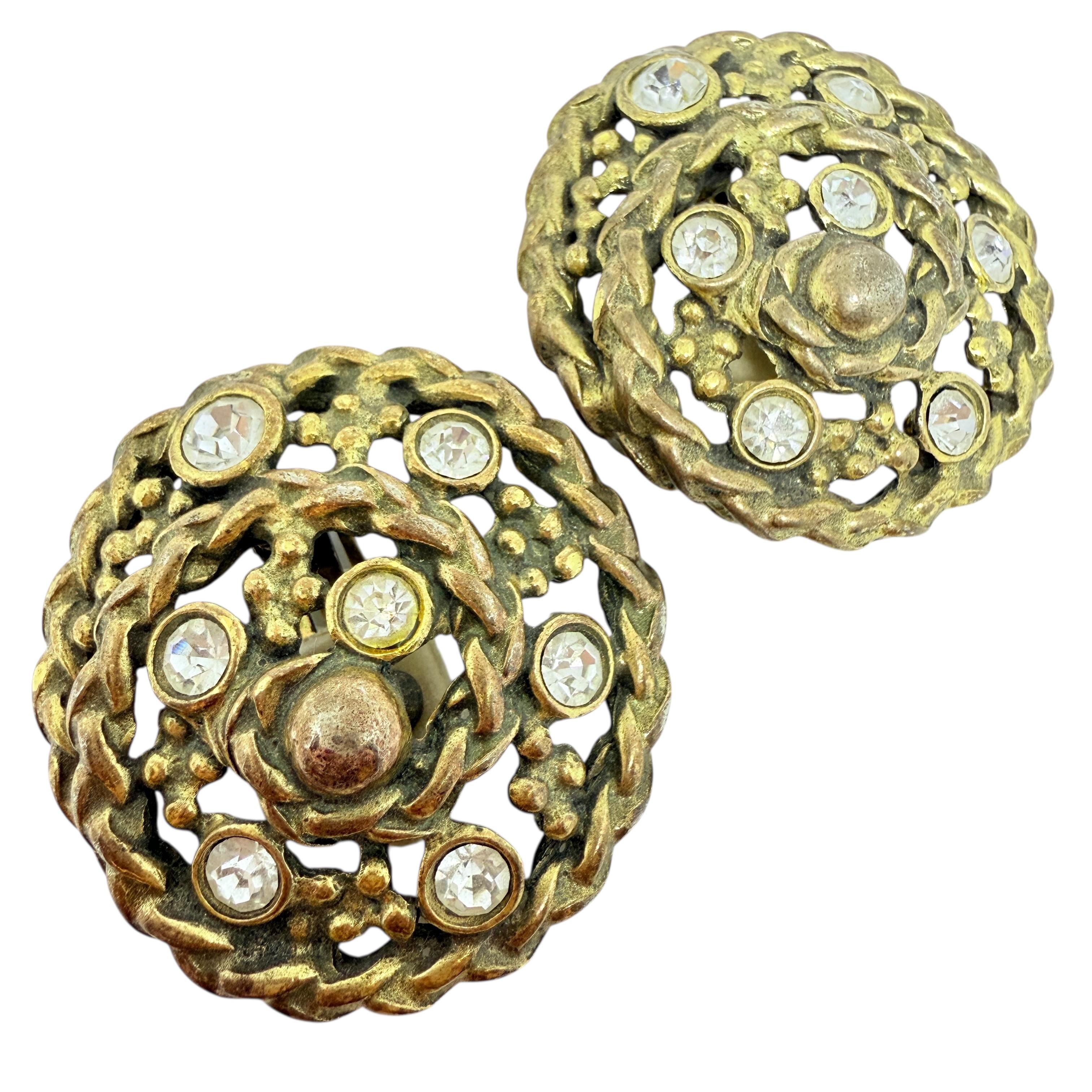 Vintage dark gold tone rhinestone massive designer 80's clip on earrings For Sale 1