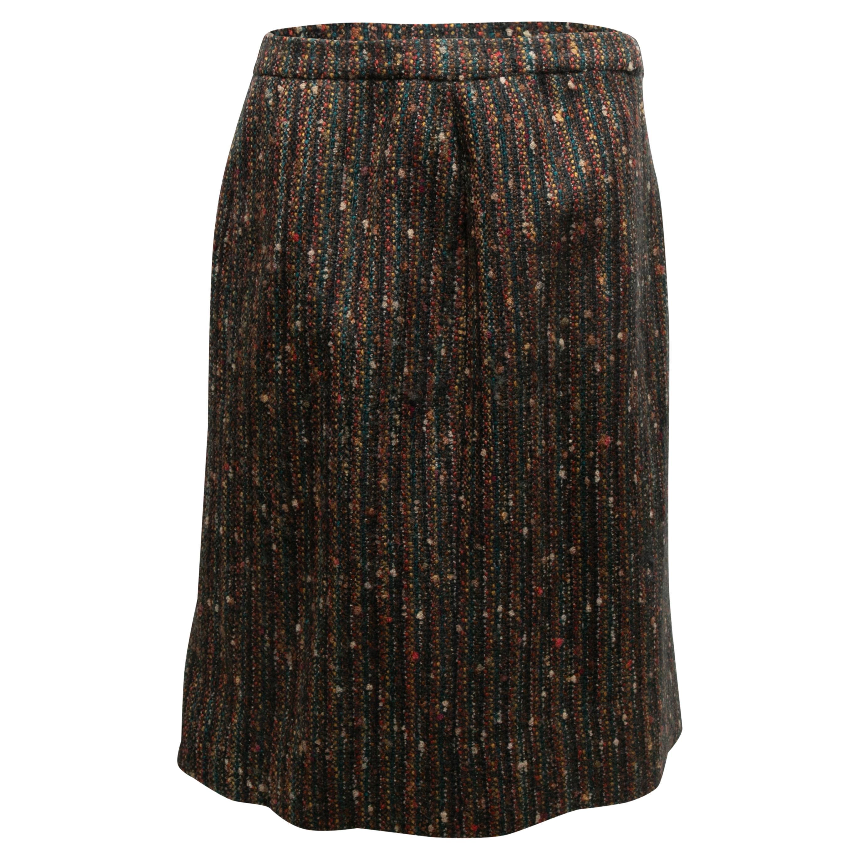 Jupe Vintage en laine bouclée Hermes vert foncé et multicolore Taille FR 42