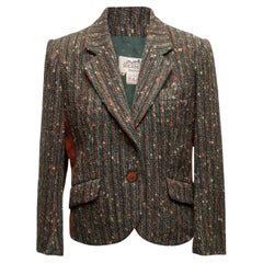 Dunkelgrüner & mehrfarbiger Hermes Tweed-Blazer aus Wolle in Dunkelgrün, Größe FR 42