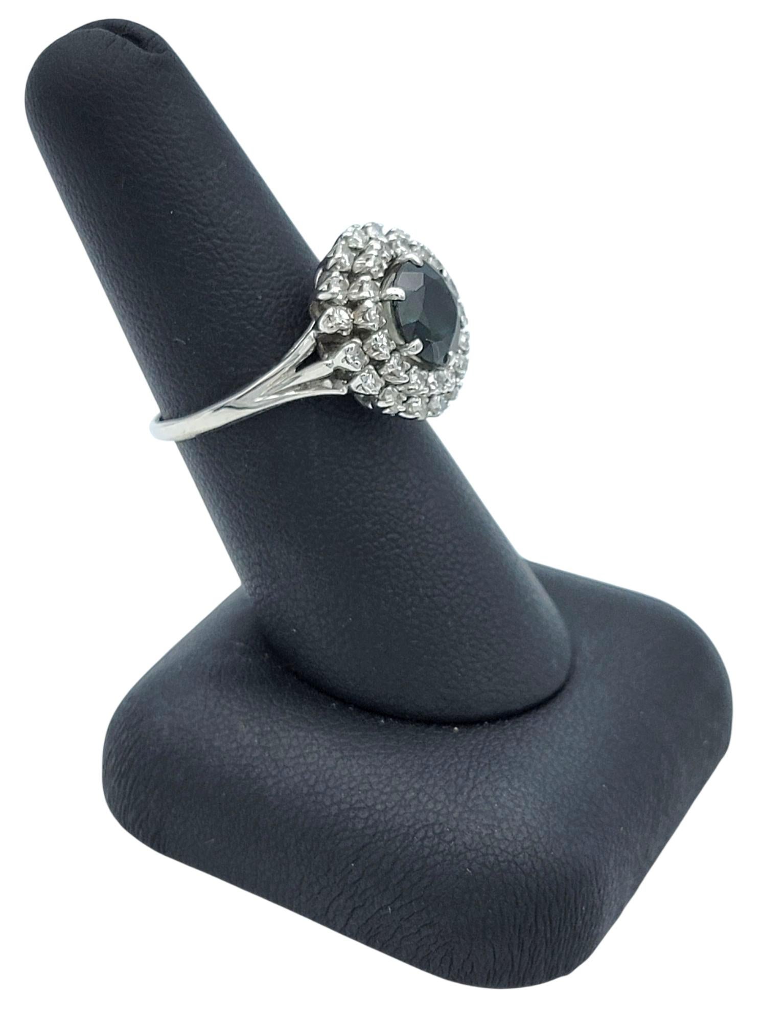Vintage Dark Green Sapphire with Double Diamond Halo Ring in 14 Karat White Gold For Sale 4