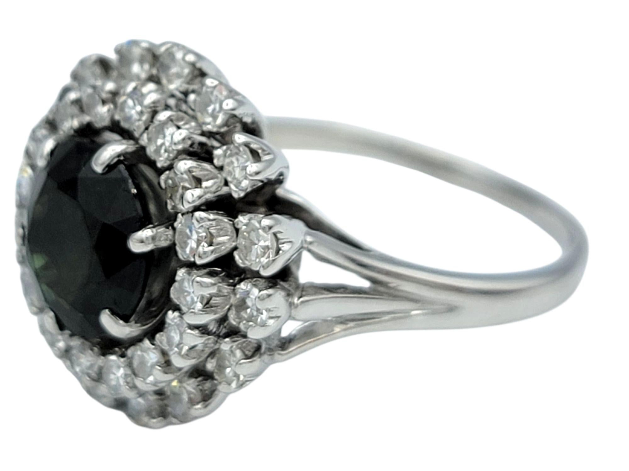 Round Cut Vintage Dark Green Sapphire with Double Diamond Halo Ring in 14 Karat White Gold For Sale