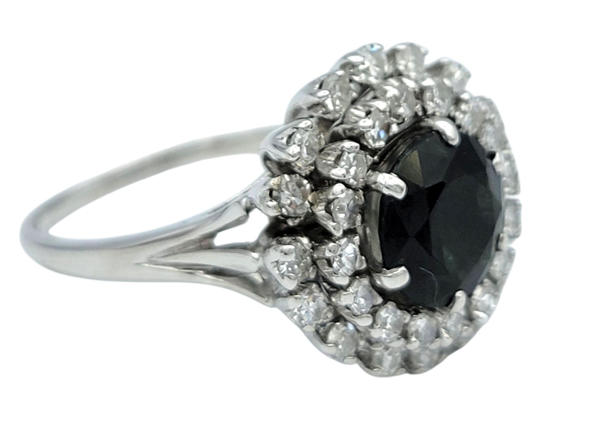 Vintage Dark Green Sapphire with Double Diamond Halo Ring in 14 Karat White Gold In Good Condition For Sale In Scottsdale, AZ