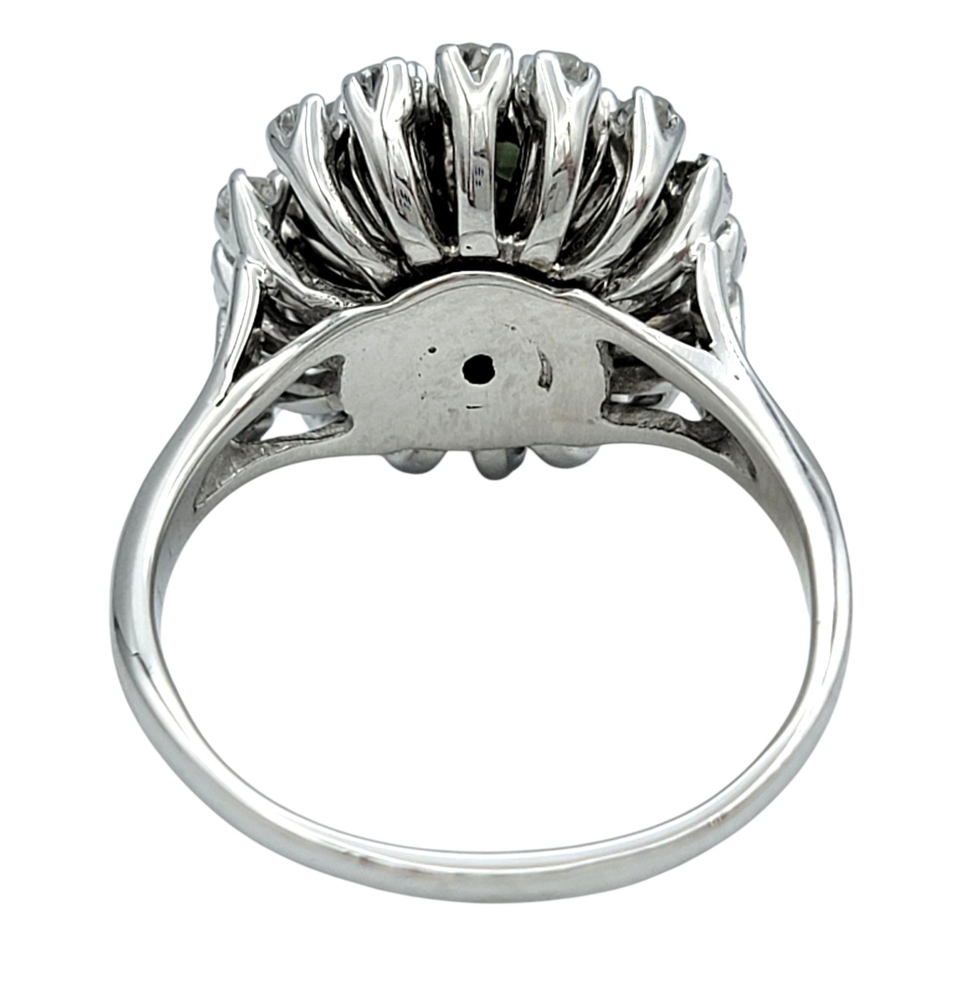 Women's Vintage Dark Green Sapphire with Double Diamond Halo Ring in 14 Karat White Gold For Sale