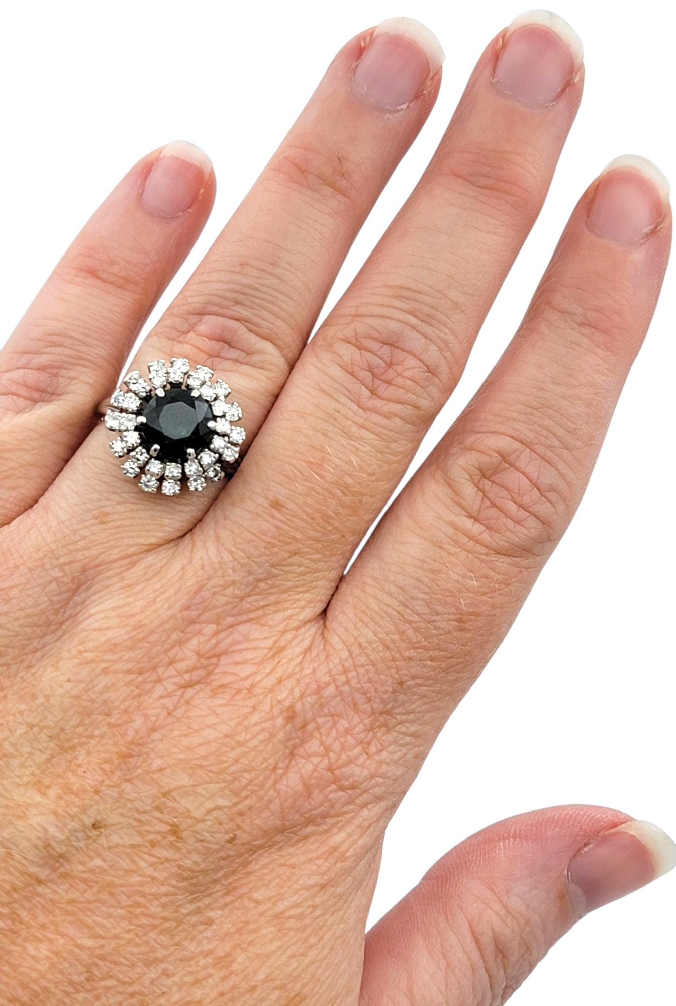 Vintage Dark Green Sapphire with Double Diamond Halo Ring in 14 Karat White Gold For Sale 1