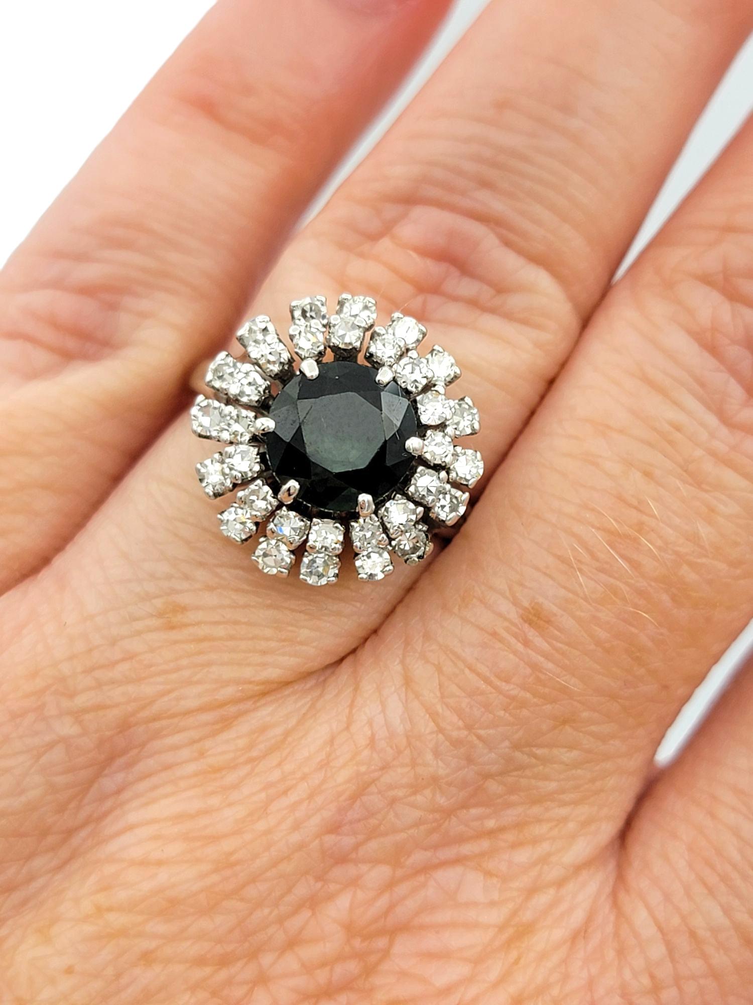Vintage Dark Green Sapphire with Double Diamond Halo Ring in 14 Karat White Gold For Sale 2