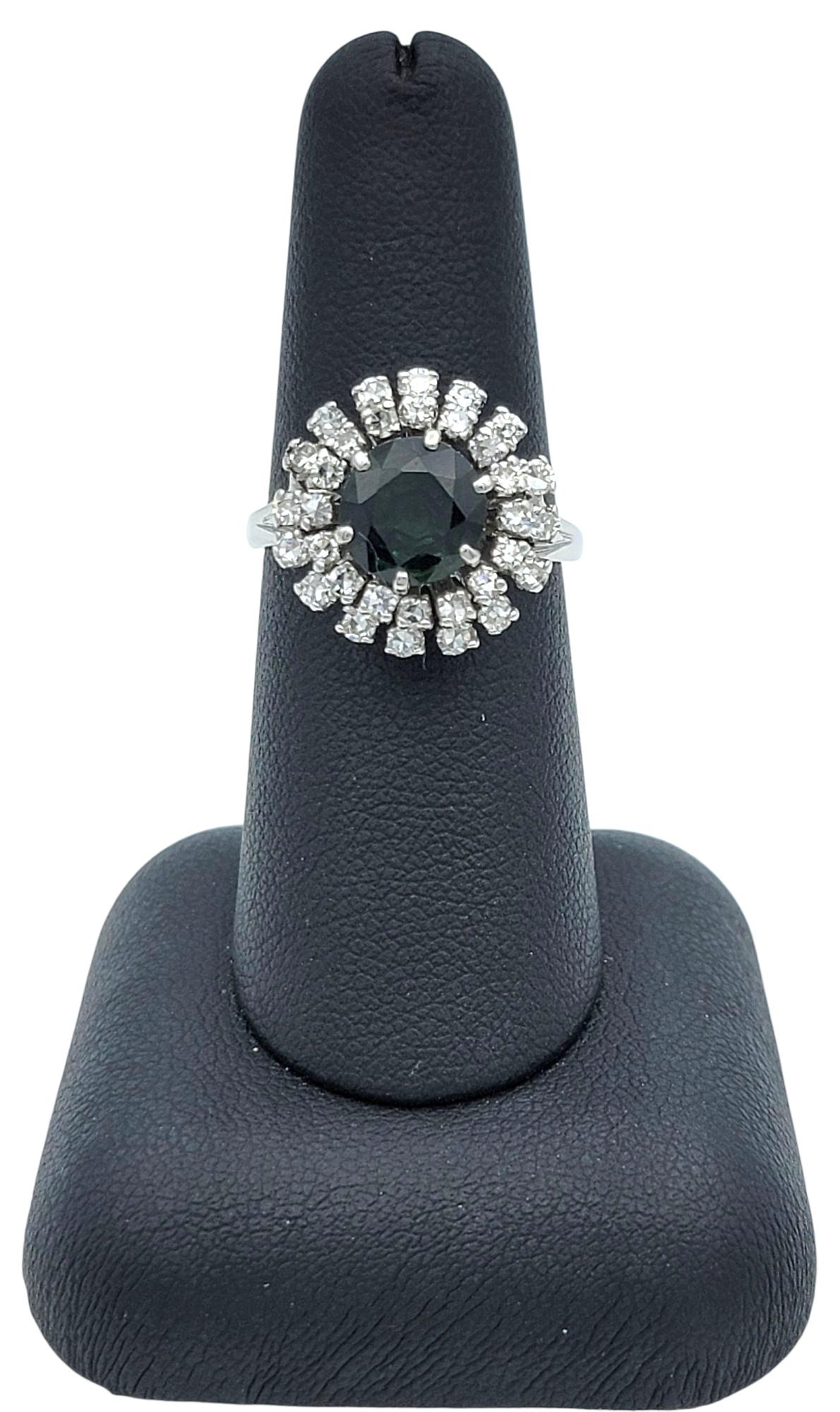 Vintage Dark Green Sapphire with Double Diamond Halo Ring in 14 Karat White Gold For Sale 3