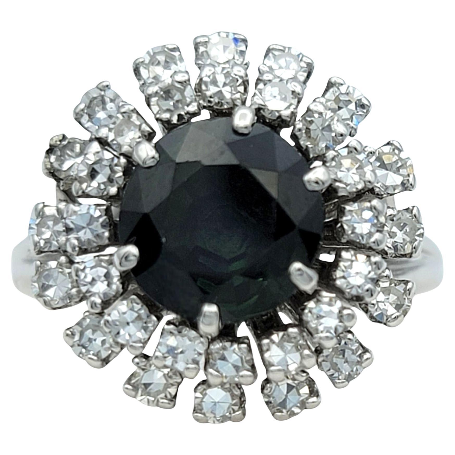 Vintage Dark Green Sapphire with Double Diamond Halo Ring in 14 Karat White Gold For Sale