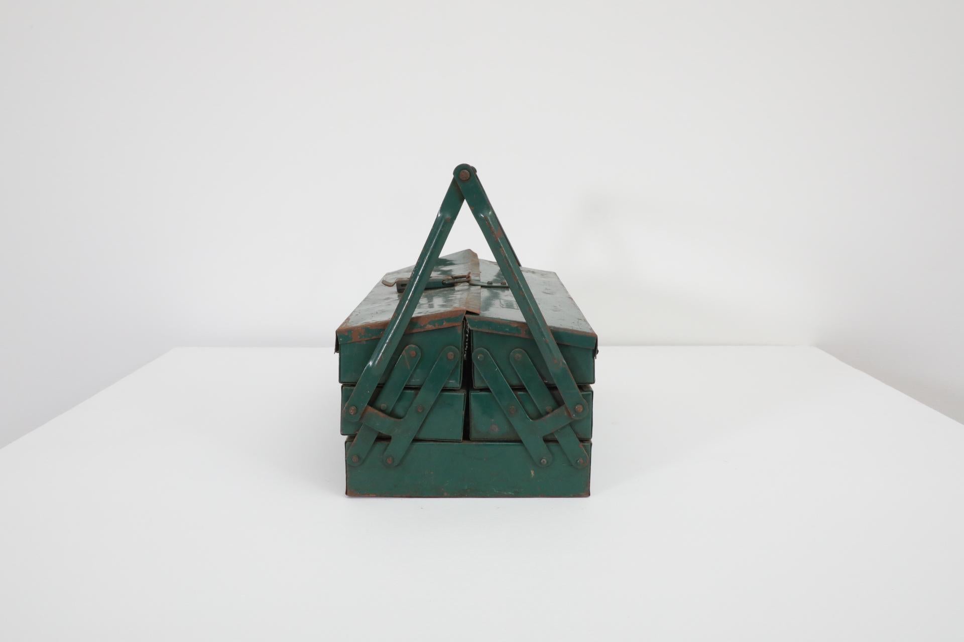 Industrial Vintage Dark Green Tool or Tackle Box For Sale