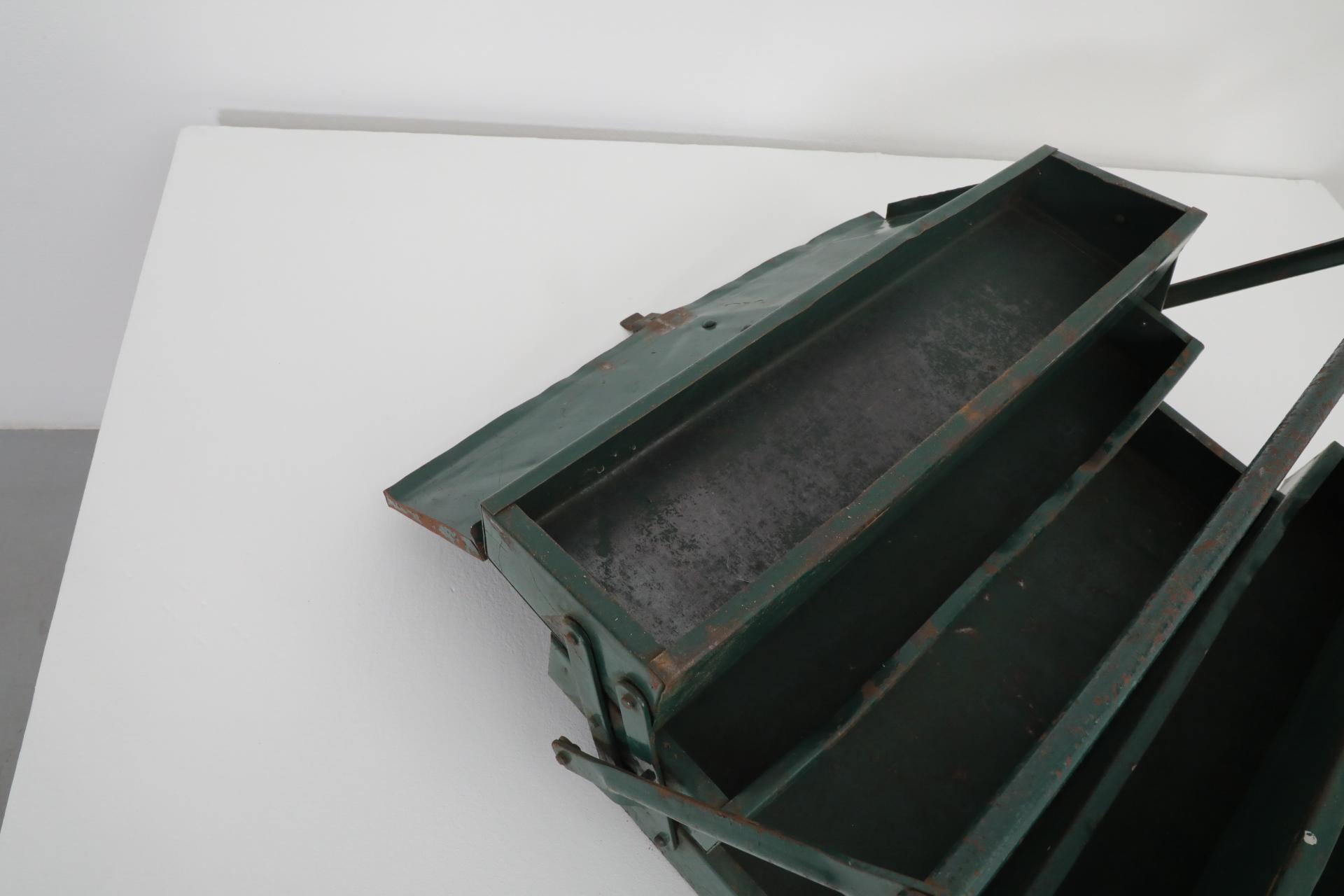 Metal Vintage Dark Green Tool or Tackle Box For Sale