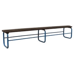 Vintage Dark Oak Gymnasium Bench with Blue Enameled Metal Frame