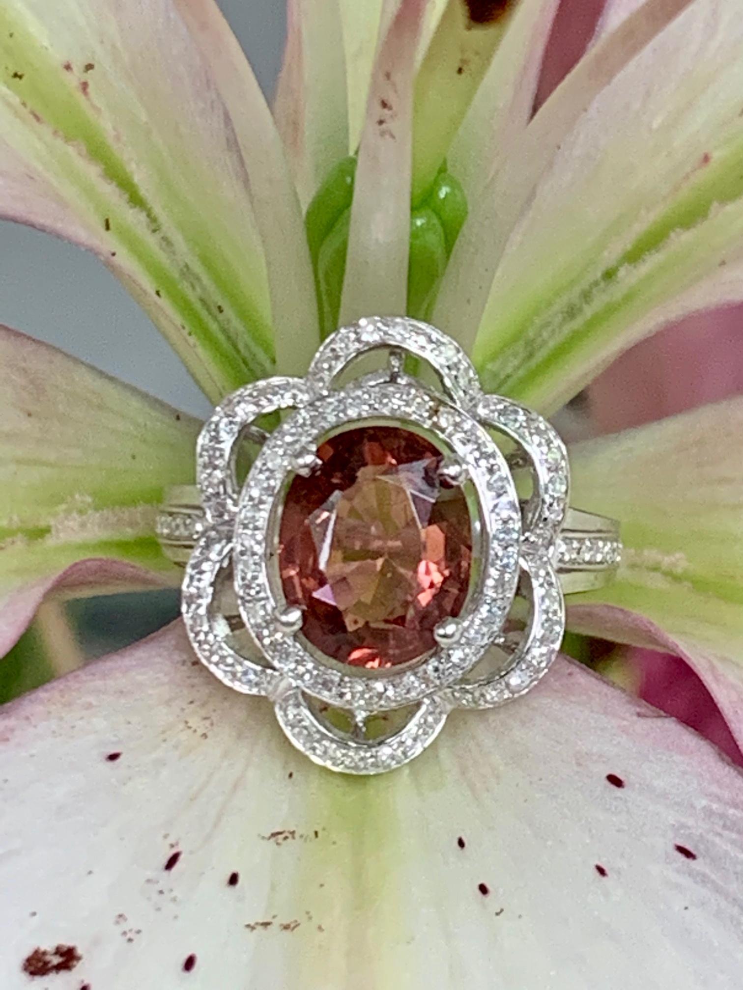 Round Cut Vintage Dark Red Tourmaline & Diamond Flower Halo 14 Karat White Gold Ring-Sz 7