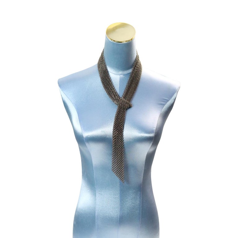 Vintage Dark Silver Metal Mesh Wrap Tie Necklace Lariat Circa 1980s In Excellent Condition For Sale In New York, NY