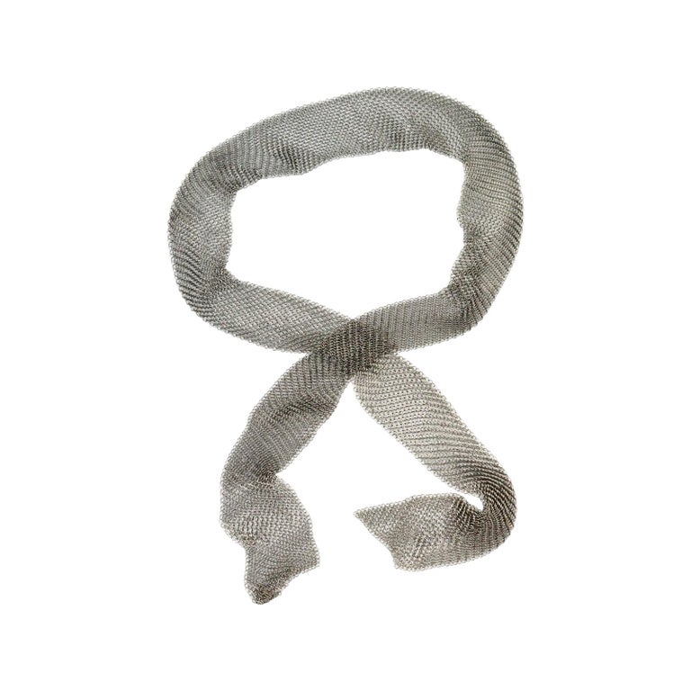 Vintage Dark Silver Metal Mesh Wrap Tie Necklace Lariat Circa 1980s For Sale 2