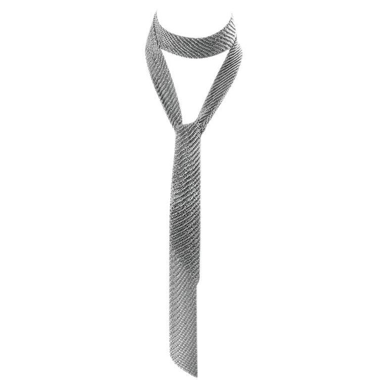 Vintage Dark Silver Metal Mesh Wrap Tie Necklace Lariat Circa 1980s For Sale