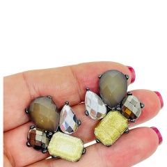 Vintage dark silver tone glass designer clip on earrings