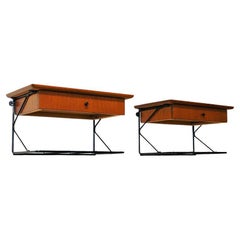 Vintage Dark Teak Pair of Wall Night Tables with Drawers, Sweden, 1950s