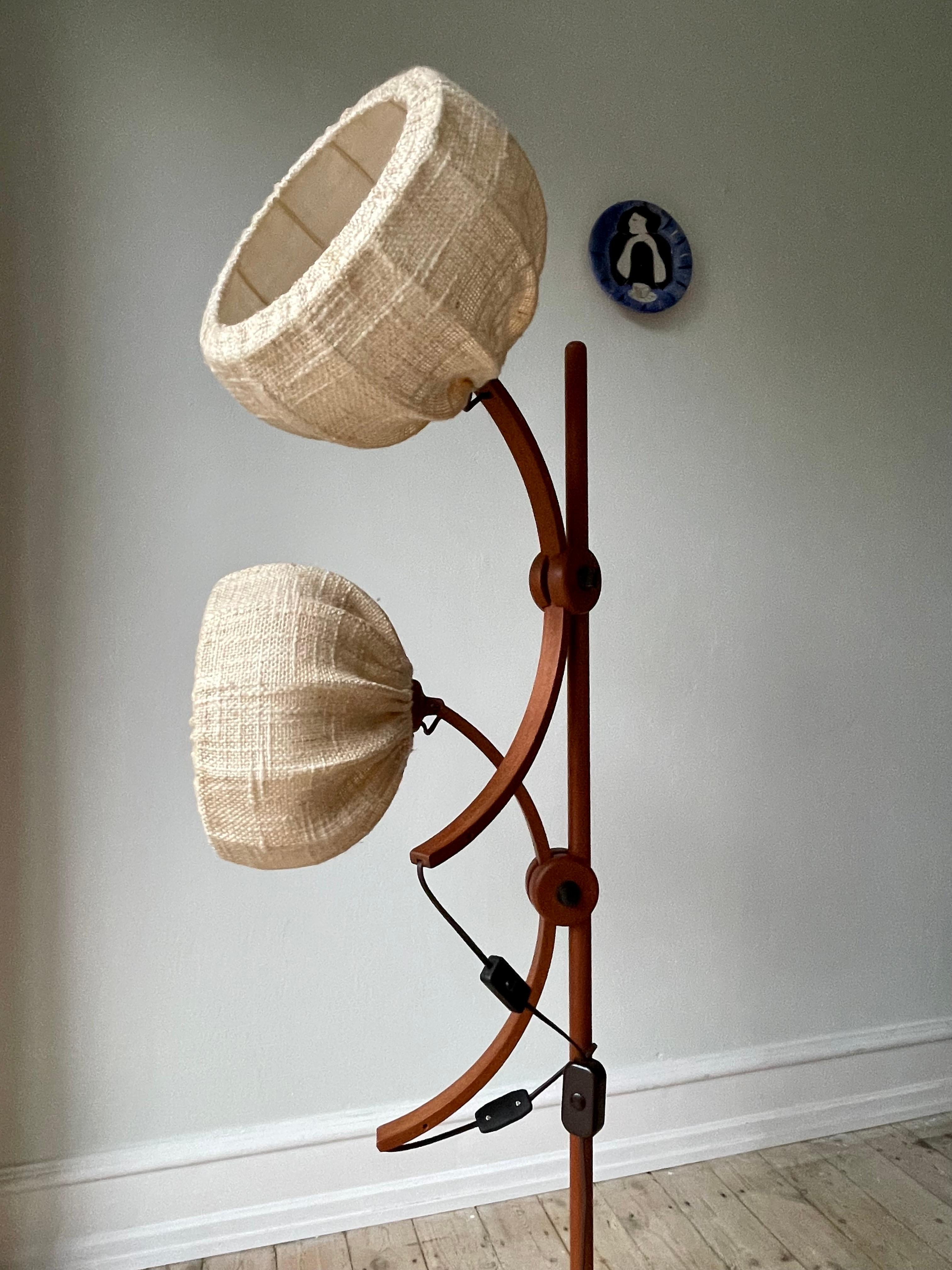 Mid-Century Modern Vintage Dark Wood Adjustable Floor Lamp with Fabric Shades, 1960s For Sale