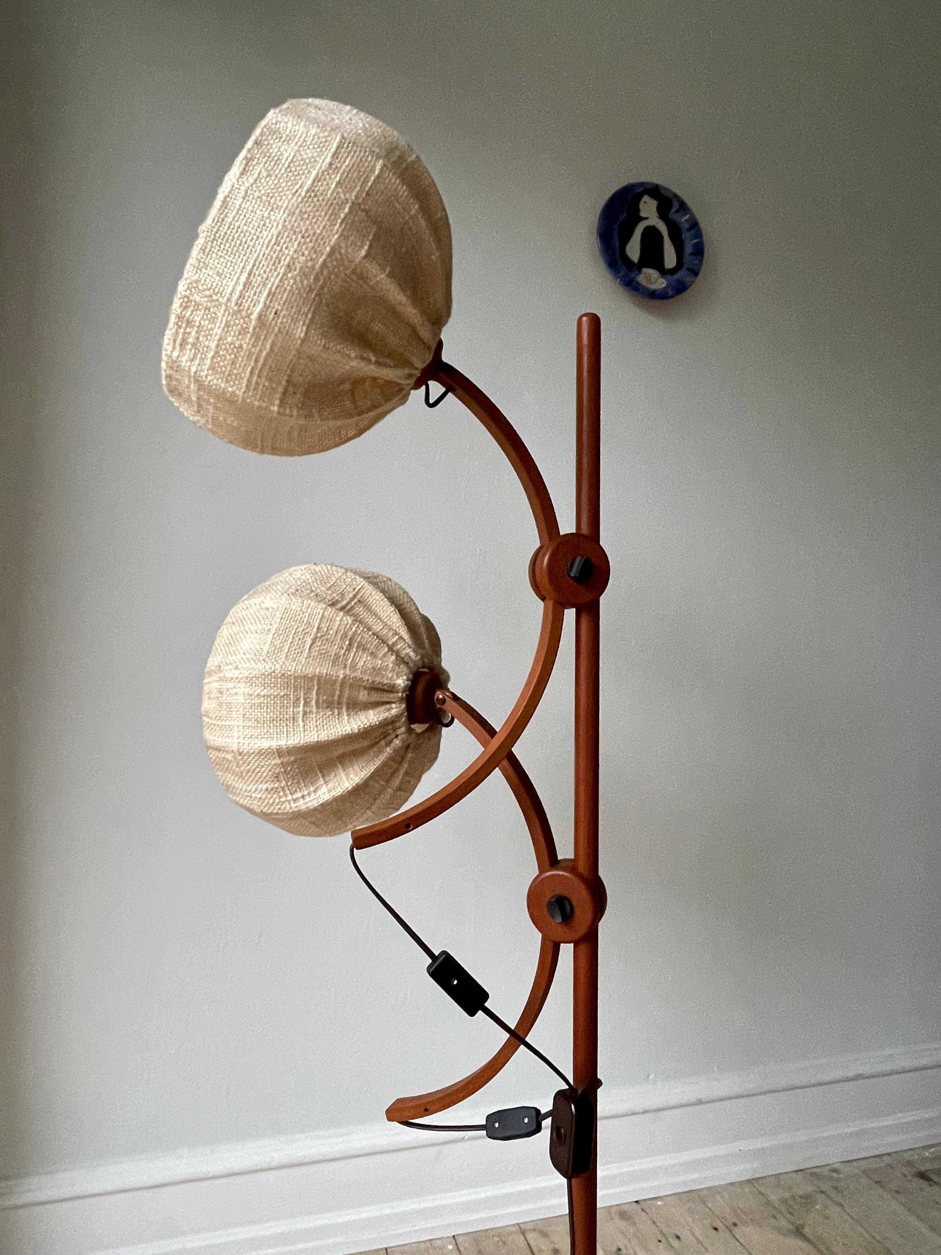 German Vintage Dark Wood Adjustable Floor Lamp with Fabric Shades, 1960s For Sale