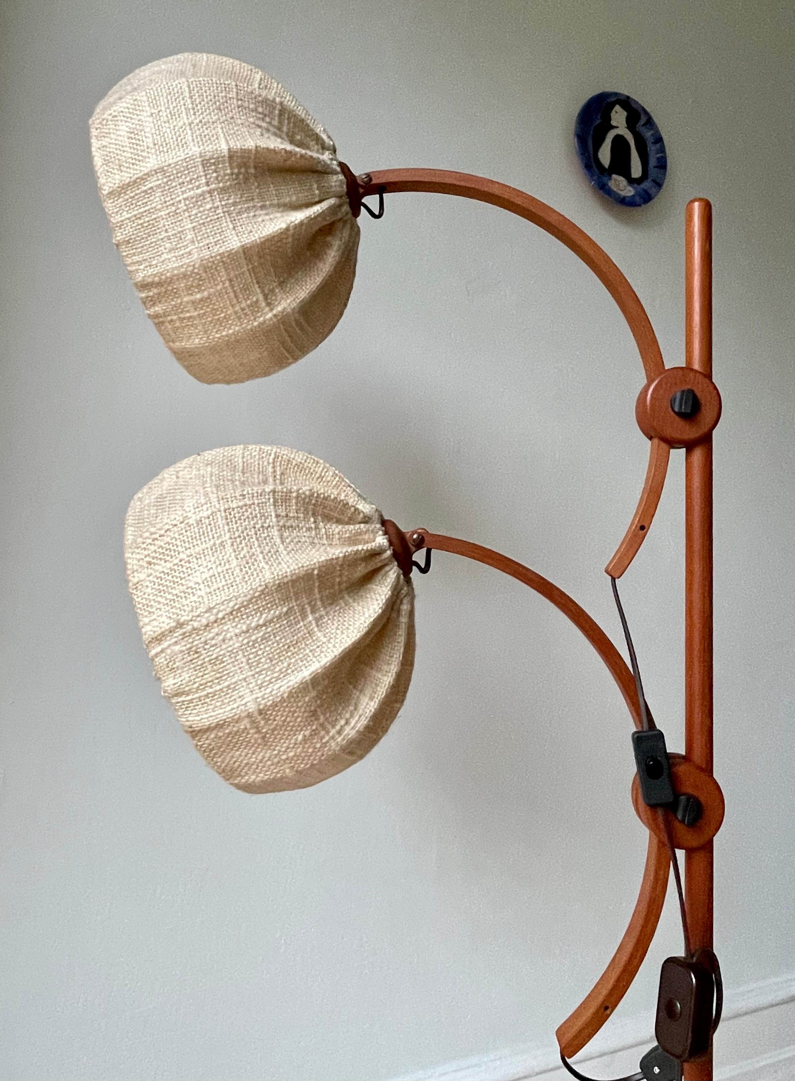 Lacquered Vintage Dark Wood Adjustable Floor Lamp with Fabric Shades, 1960s For Sale