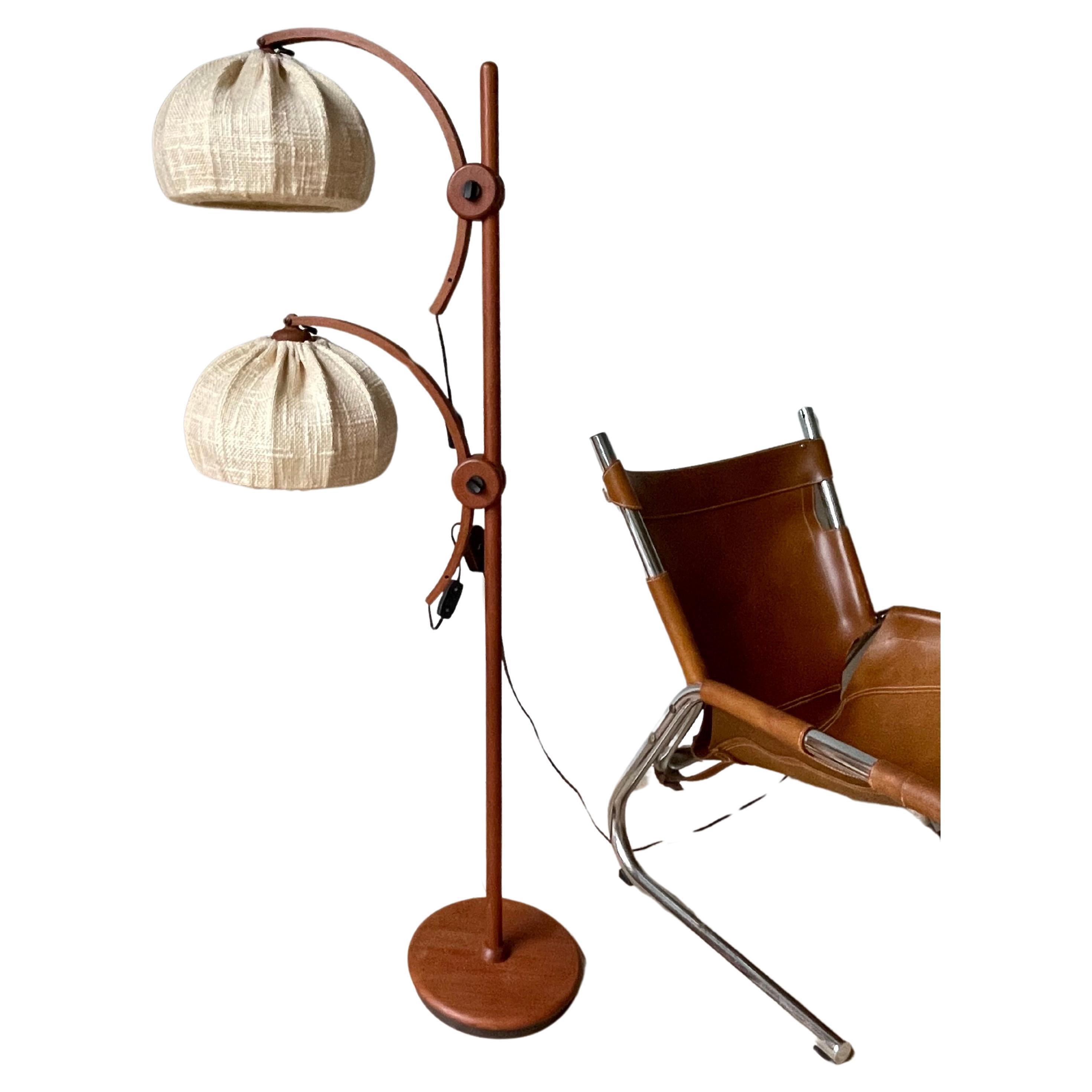 Vintage Dark Wood Adjustable Floor Lamp with Fabric Shades, 1960s For Sale