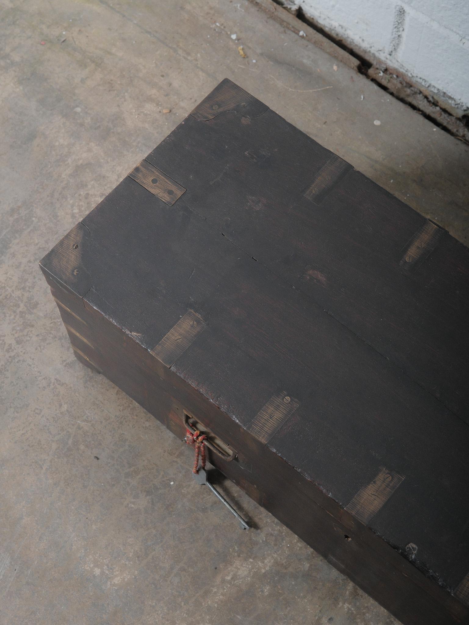 Cassapanca indiana d'epoca in legno scuro con giunture in ottone e chiavi in vendita 6
