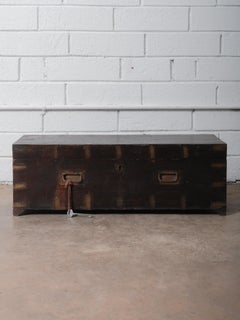 Vintage Dark Wood Indian Storage Chest with Brass Plate Joinery and Key