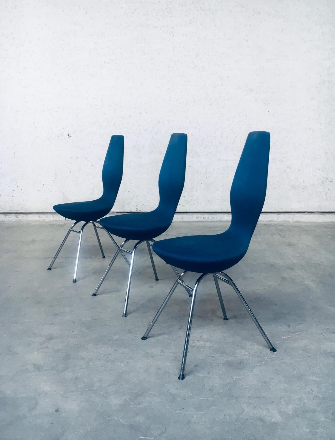 Vintage Scandinavian Design 'DATE' Dining Chair set of 3 by Olaf Eldoy for Stokke / Varrier, made in Sweden 1990's. Blue fabric on chrome metal base. These chairs are Active chairs, which means that when you sit on them, they move a little back and