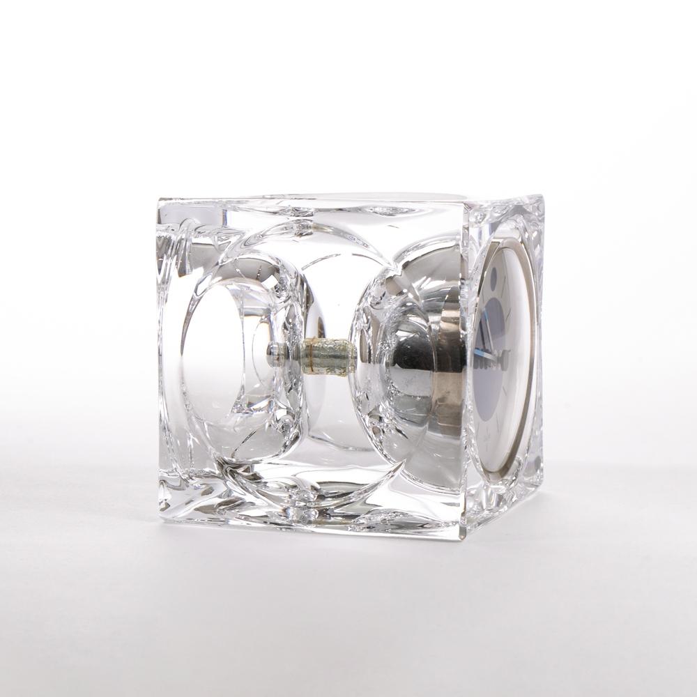 A 1970s French desk clock set into a heavy dimpled cube of leaf crystal glass made by Daum with original West German quartz movement.