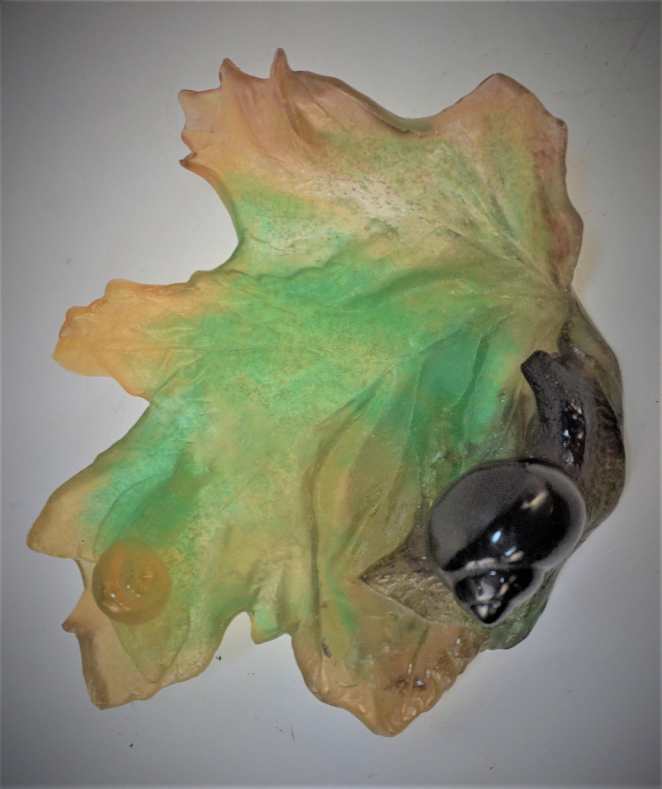 Daum multi color glass pate de verre with two snails upon a leaf.