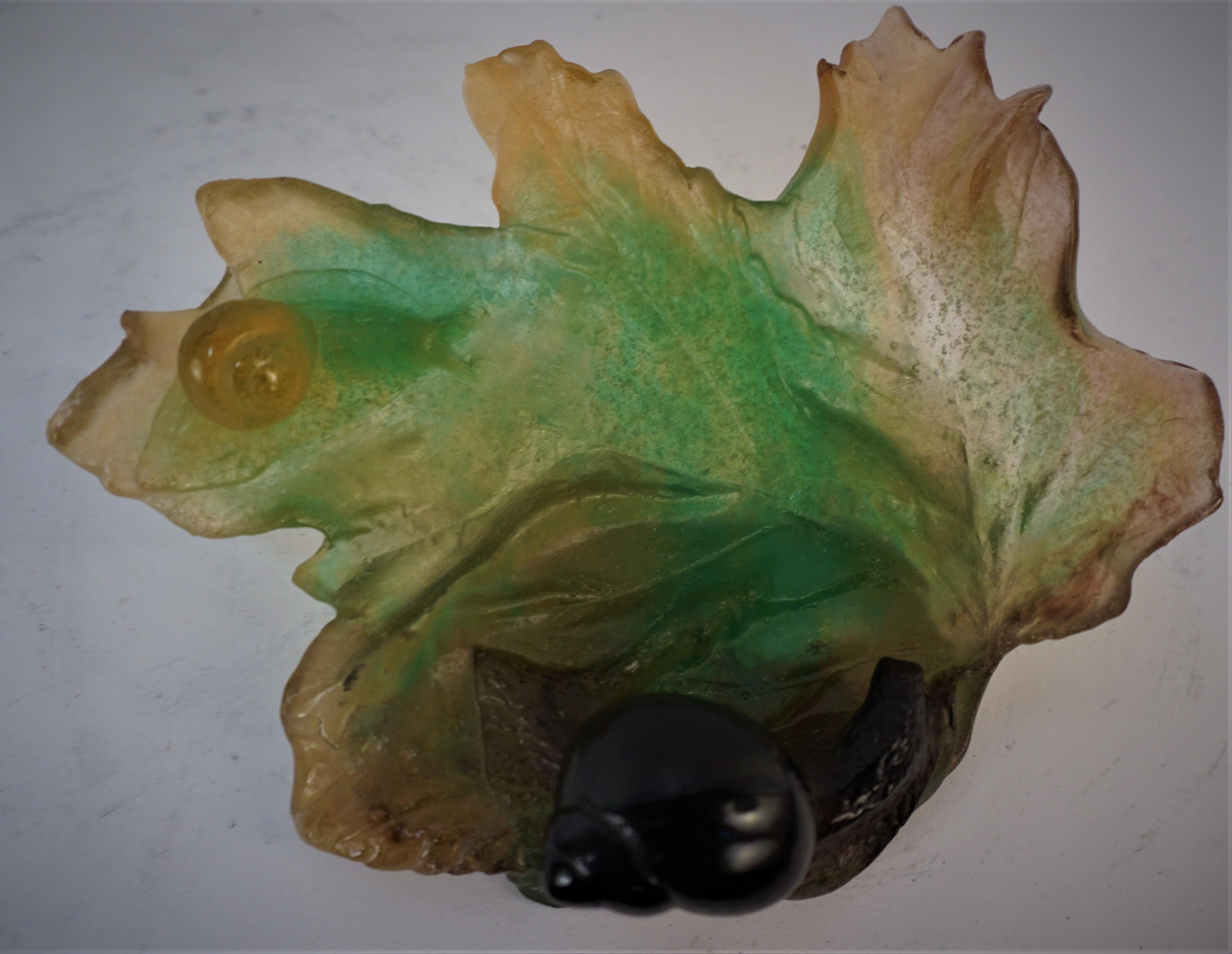 Vintage Daum Pate De Verre Crystal Fig Leaf Dish with Snail 2