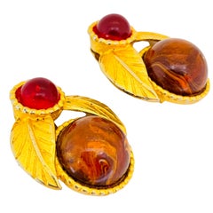 Vintage DAUPLAISE gold glass cabochon designer runway clip on earrings