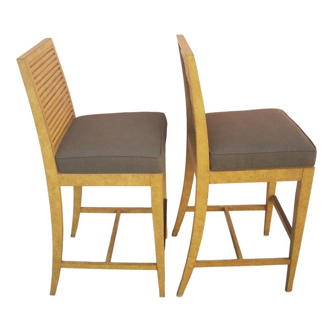 Excellent condition! David Francis Furniture; a contemporary design with a hint of Tommy Bahama style; carved faux bamboo seat backs coordinate with the textured fabric seats