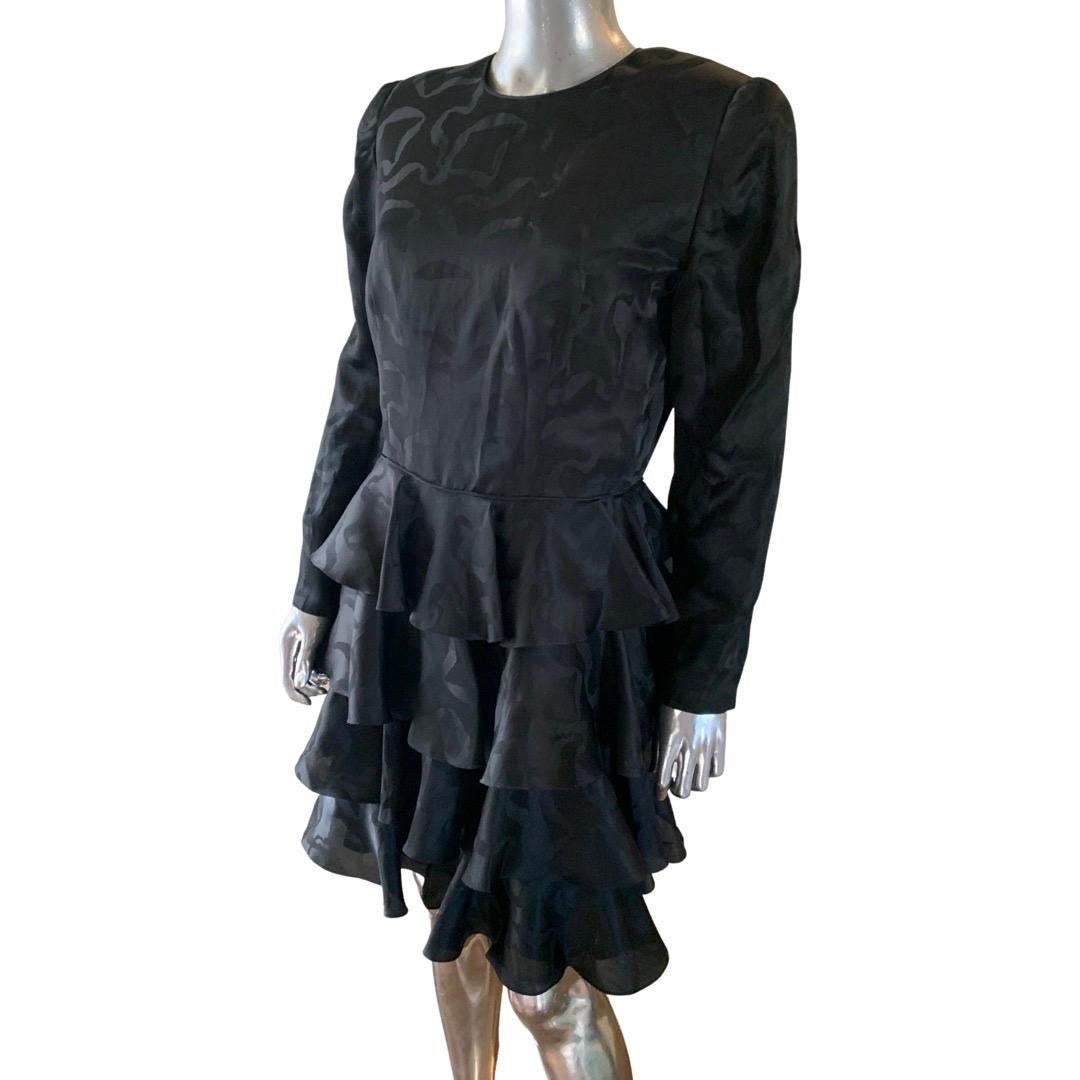 Black Vintage David Hayes LBD Silk Jacquard Tiered Ruffle Cocktail Dress, NWT For Sale