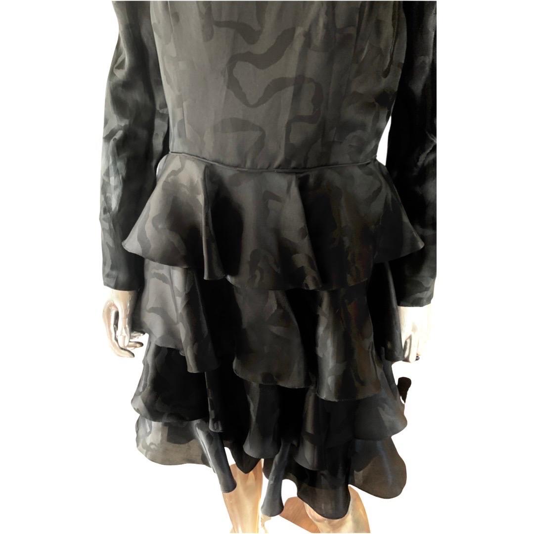 Vintage David Hayes LBD Silk Jacquard Tiered Ruffle Cocktail Dress, NWT For Sale 2