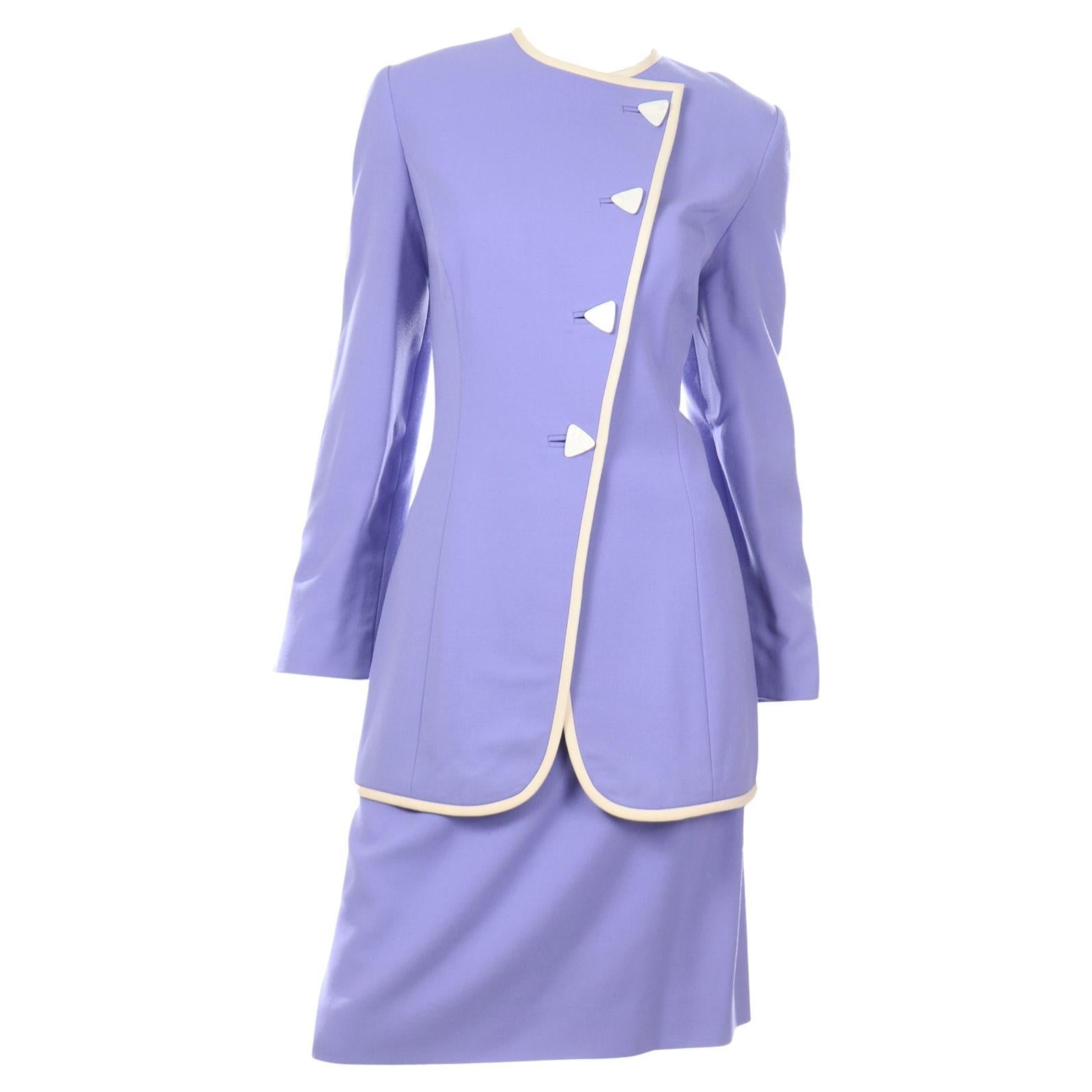 Vintage David Hayes Periwinkle Purple Jacket & Skirt Suit w Shell Buttons