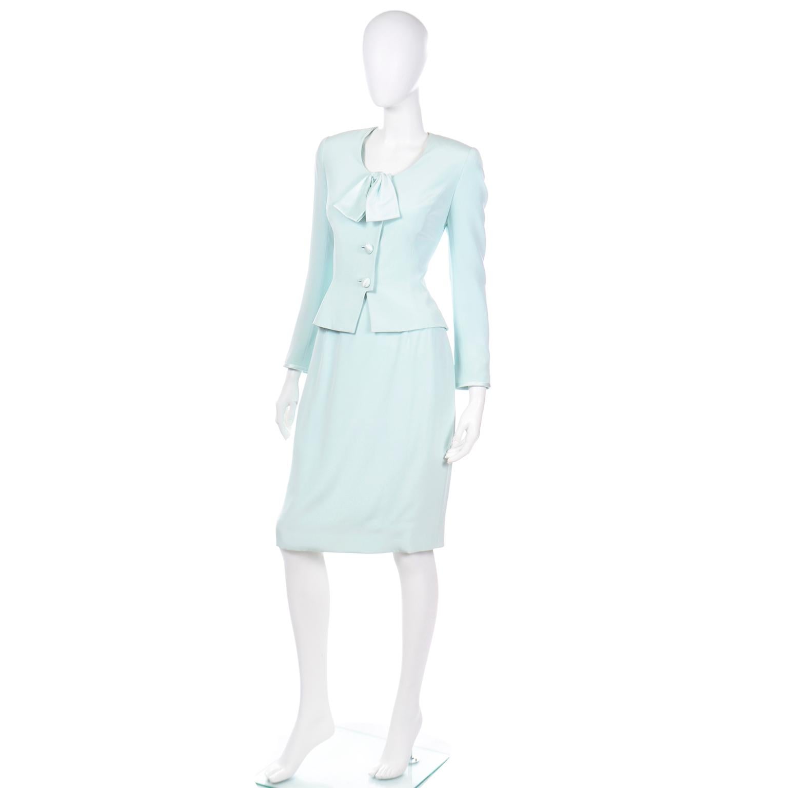 Vintage David Hayes Silk Mint Green 2 Pc Skirt and Jacket w Bow Suit ...