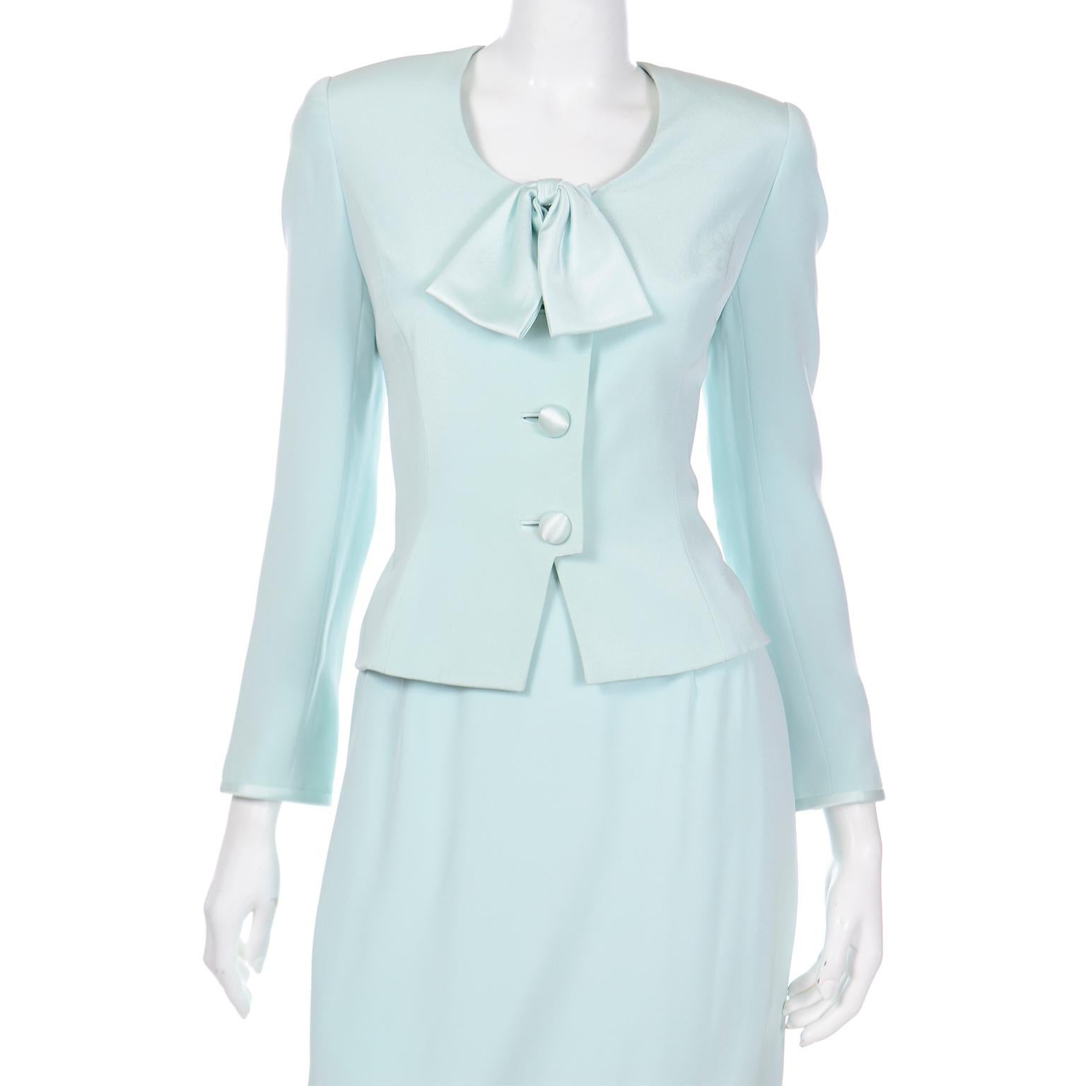 Gray Vintage David Hayes Silk Mint Green 2 Pc Skirt & Jacket w Bow Suit