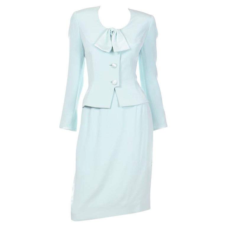 Vintage David Hayes Silk Mint Green 2 Pc Skirt and Jacket w Bow Suit For  Sale at 1stDibs