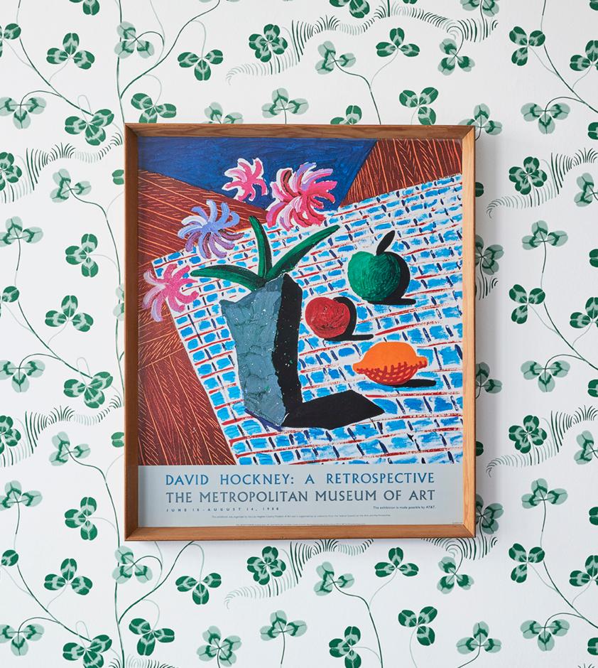 Vintage lithograph exhibition poster with wooden frame. 

The poster was created for the 1988 retrospective exhibition at the Metropolitan Museum of Modern Art. It features the acrylic 'Still Life with Flowers'.
  