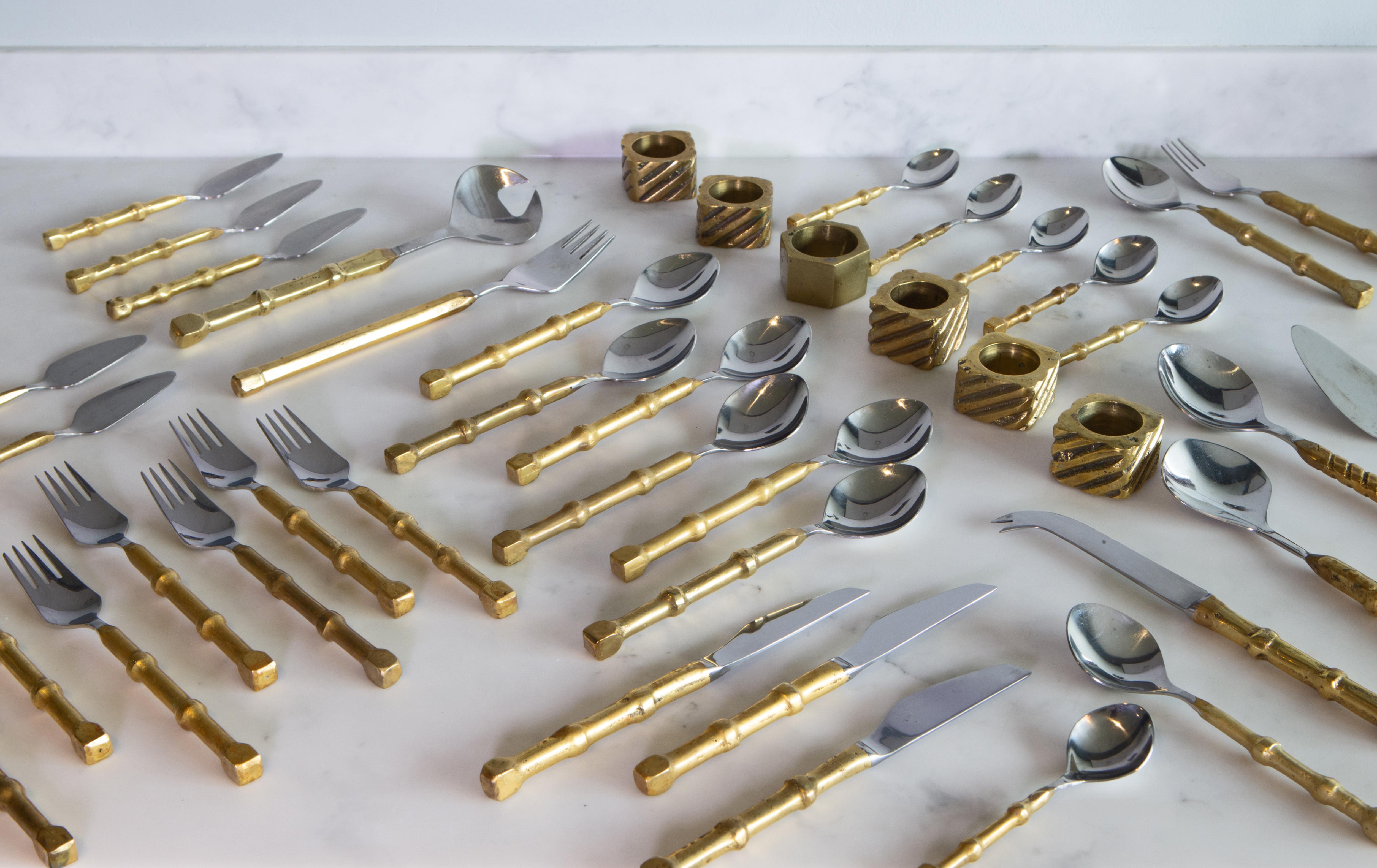 Vintage Brutalist 57 piece cutlery set/group, designed by renowned Scottish sculptor David Marshall (b.1942). Circa 1970-80s.

Cast brass and stainless steel. Demonstrating the sculptor's signature use of contrasting metals.

The Scottish sculptor