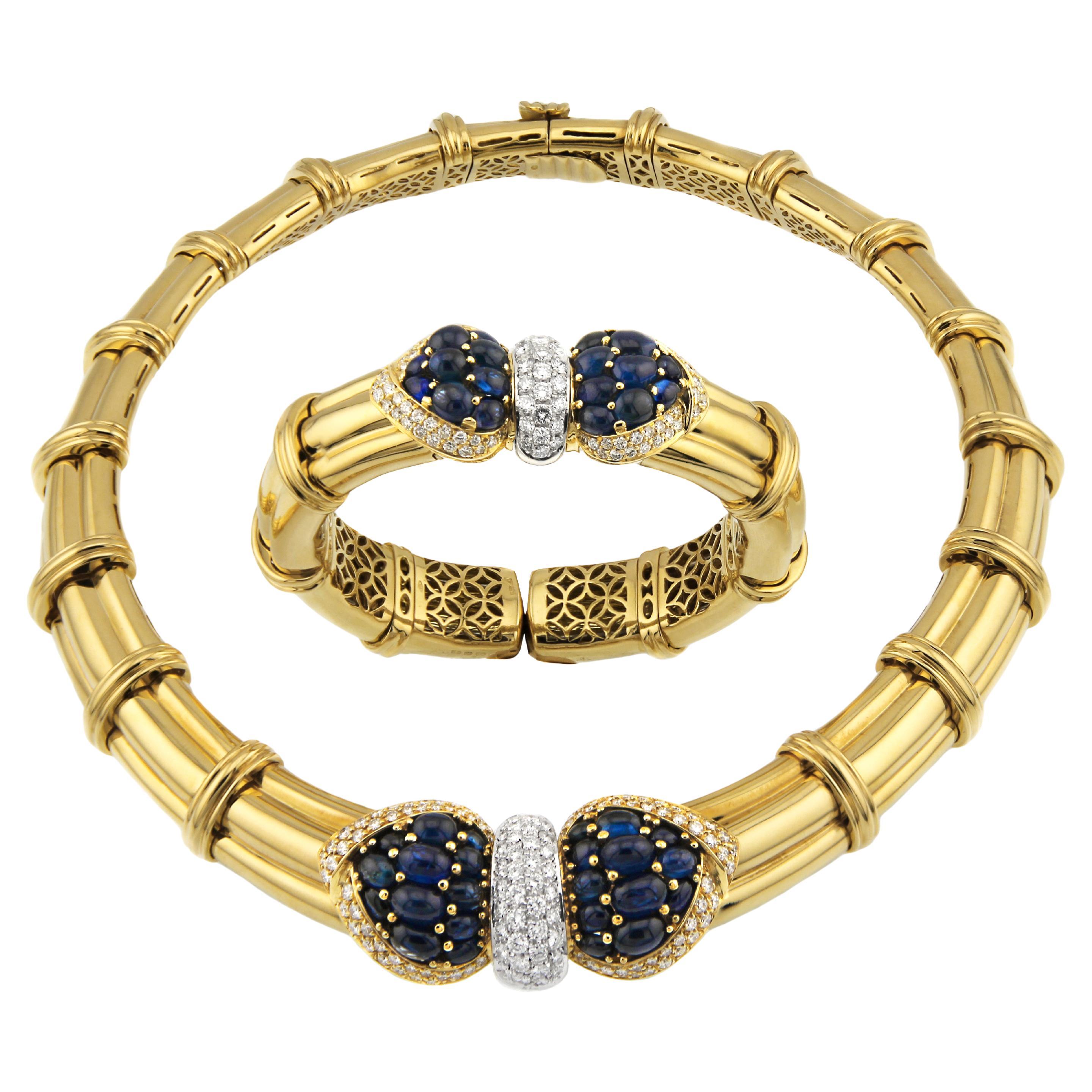 Vintage David Morris Goldes 18K Sapphire & Diamond Necklace & Bracelet Set en vente