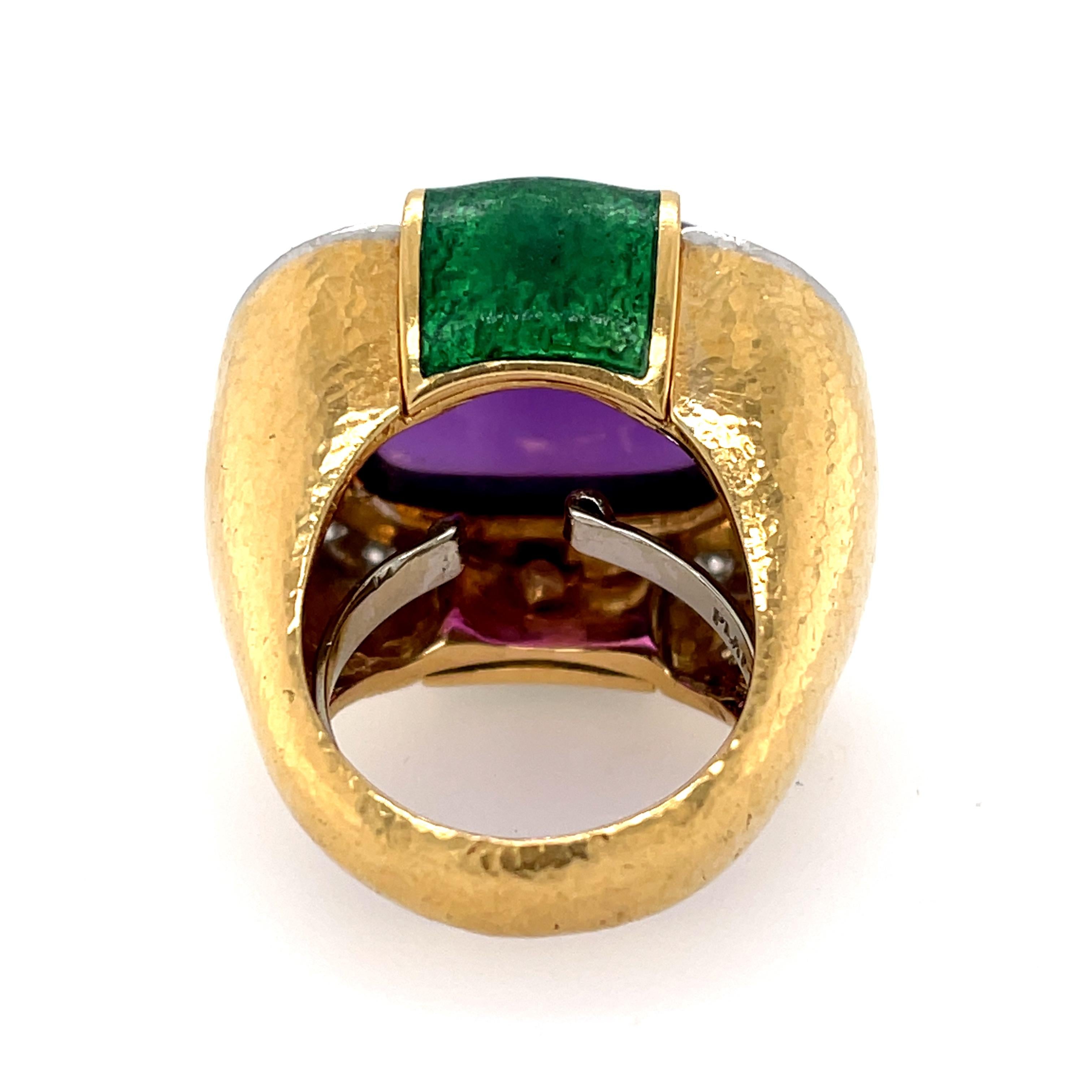 Modern Vintage David Webb 18 Karat Yellow Gold Platinum Diamond Amethyst Enamel Ring For Sale