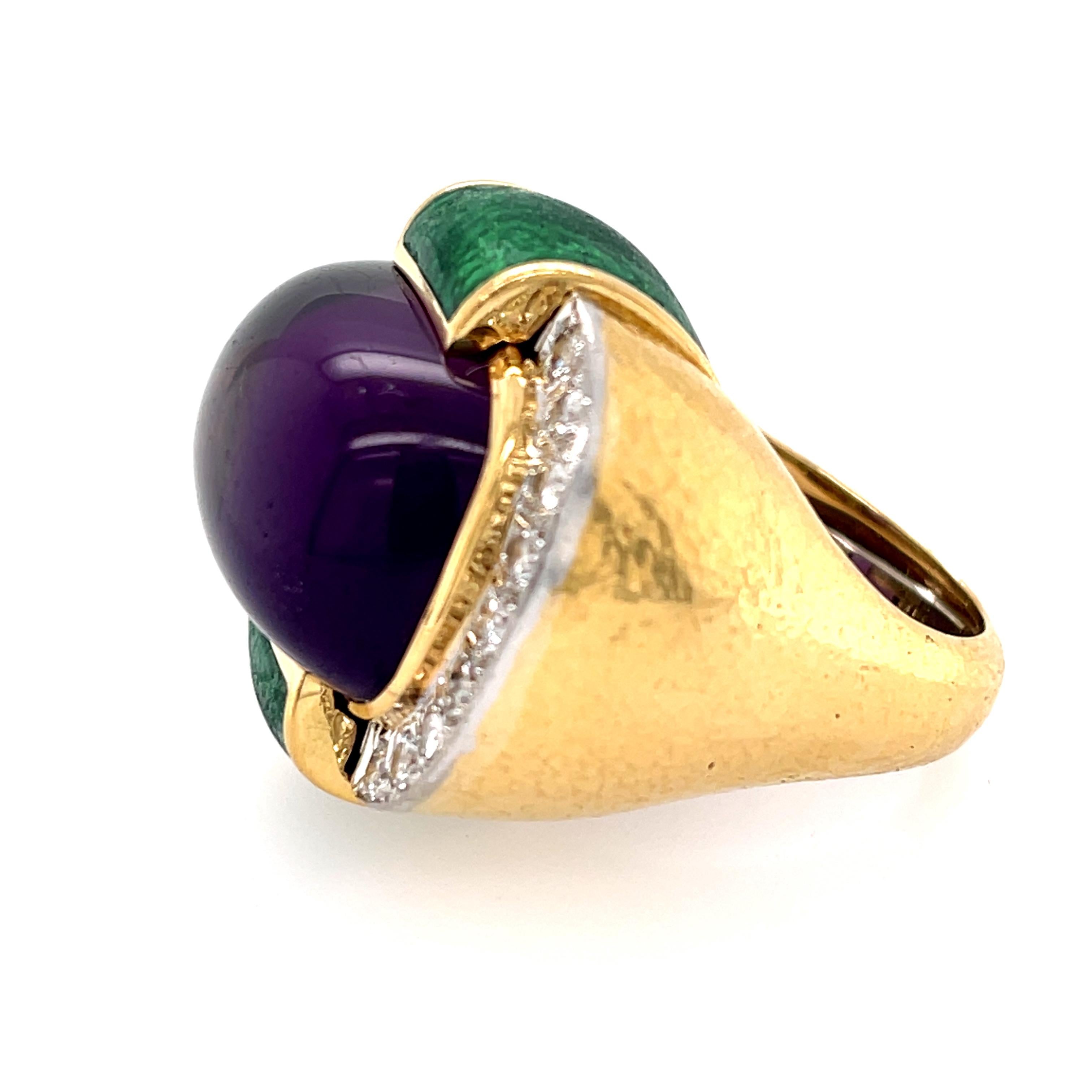 Vintage David Webb 18 Karat Yellow Gold Platinum Diamond Amethyst Enamel Ring In Good Condition In New York, NY